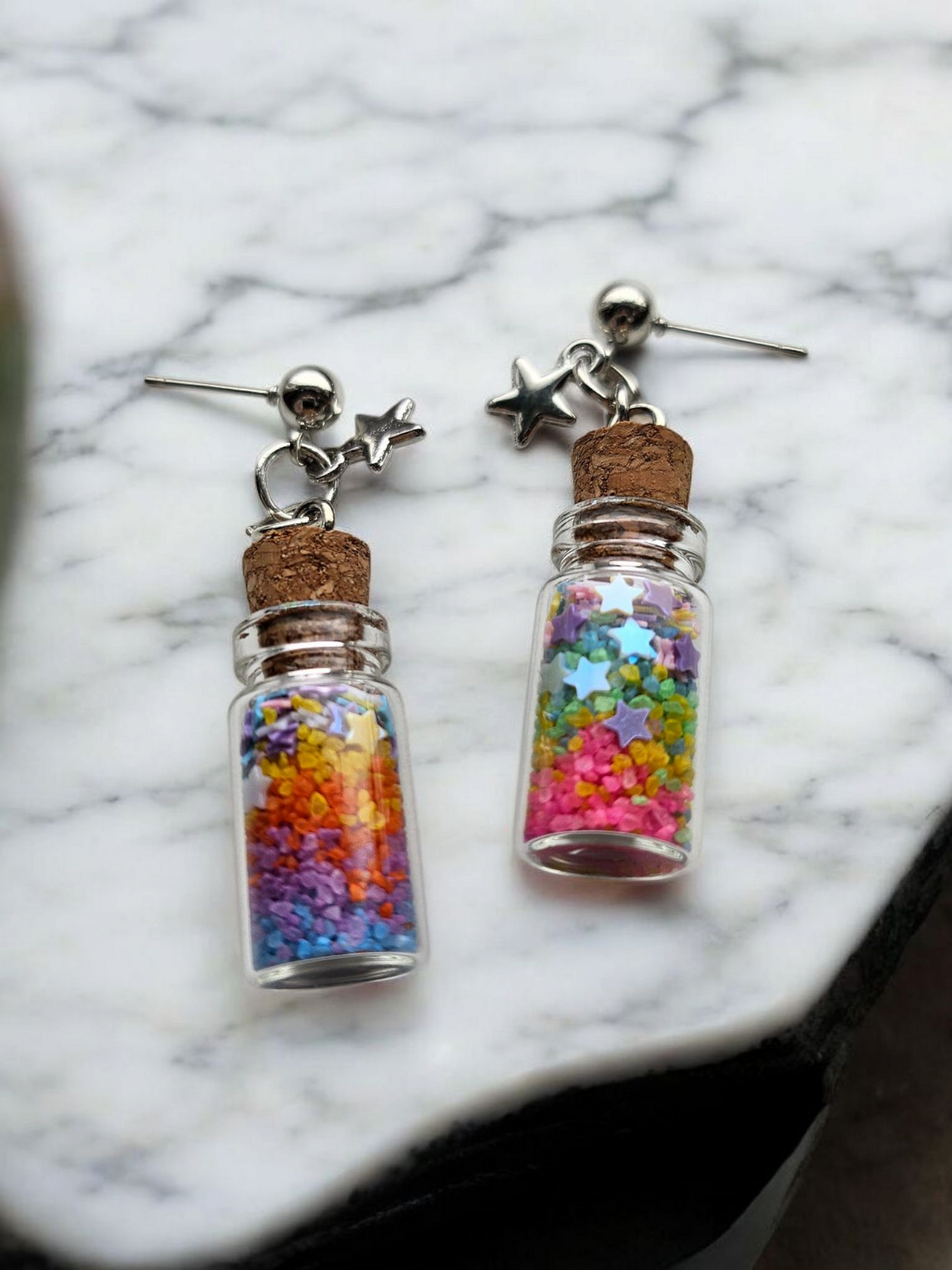 Rainbow Star Confetti Jar Dangle Post Earrings