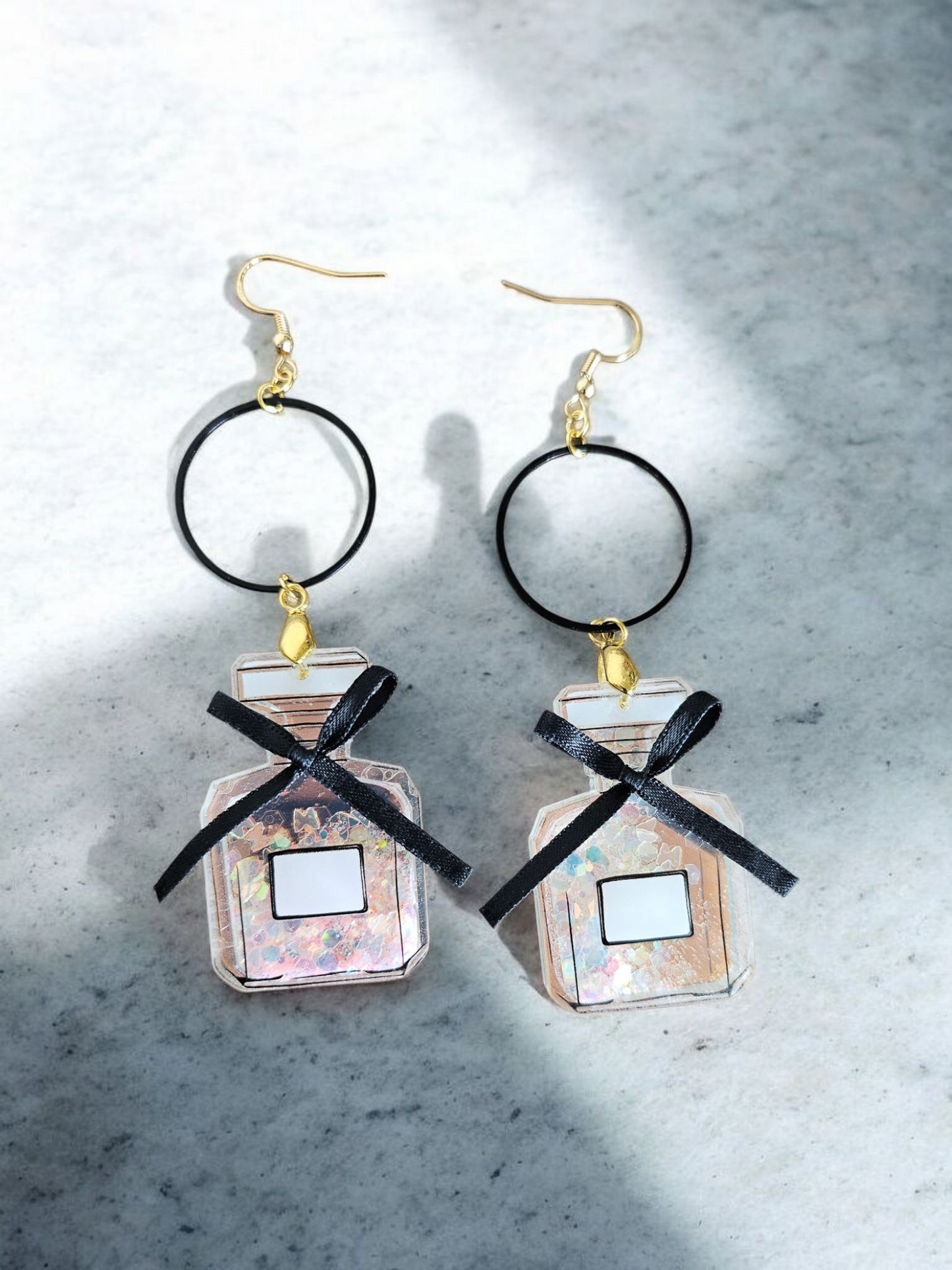 Black and Shimmer Perfume Bottle Long Dangle Earrings