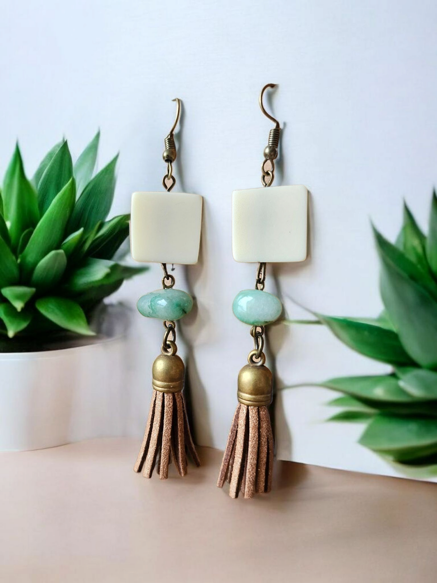 Upcycled White Wood and Brown Shimmer Tassles with Teal Accent Dangle Earrings