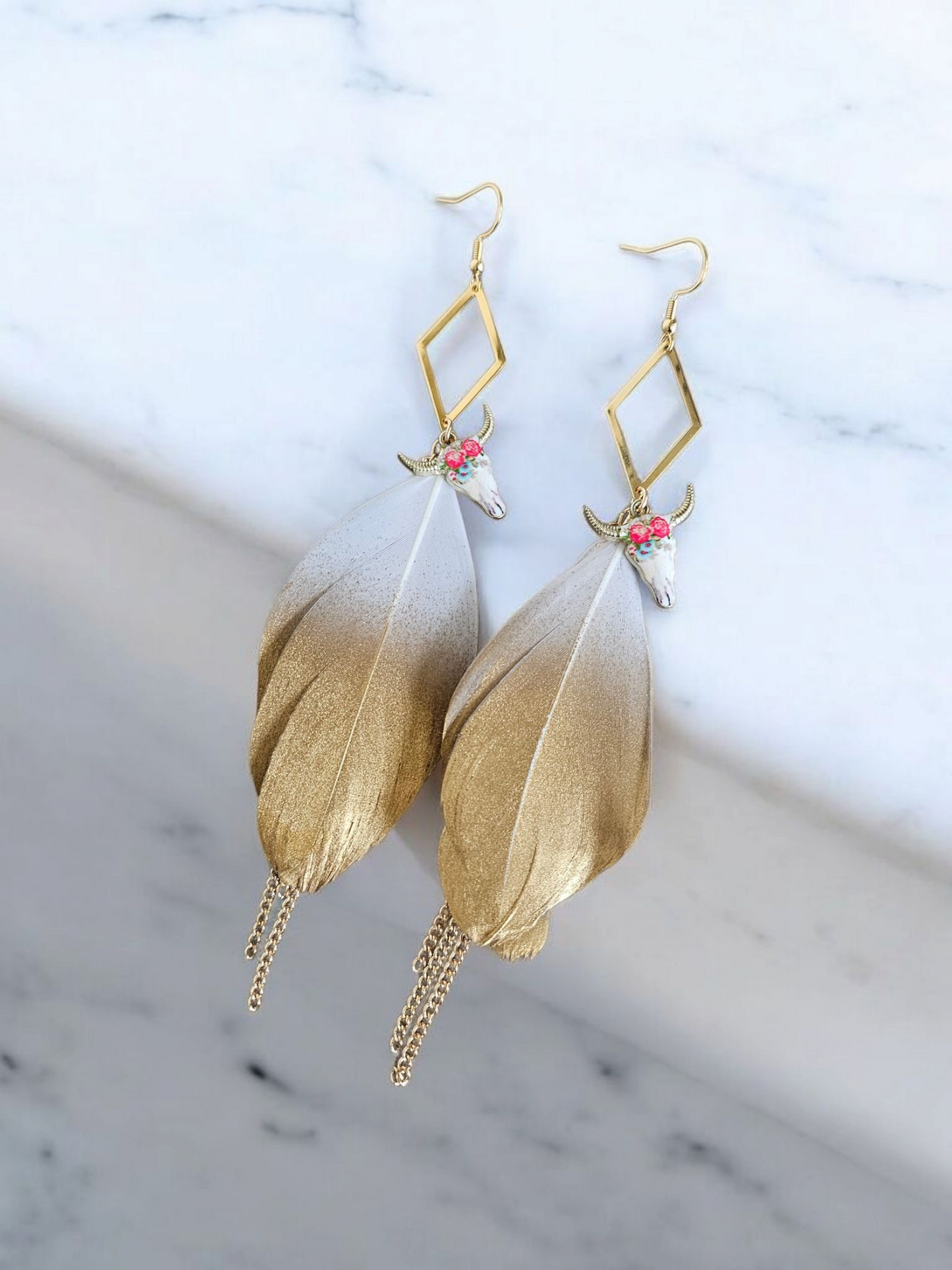 Bull Skulls with Gold and White Feathers Dangle Earrings