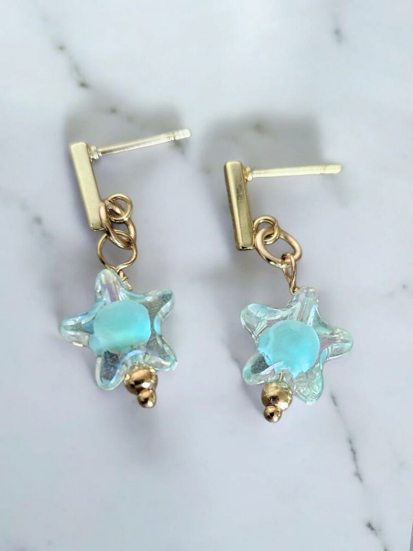 Teal Stars on Gold Bar Stud Earrings