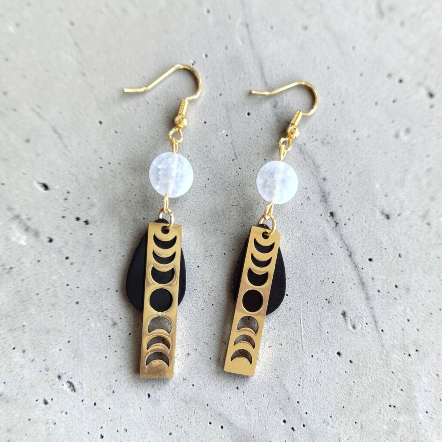 Golden, Black, and Selenite Phases of the Moon Dangle Earrings