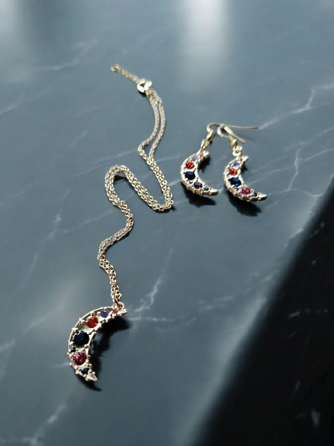 Glimmer Moons on Gold Earrings and Necklace Set