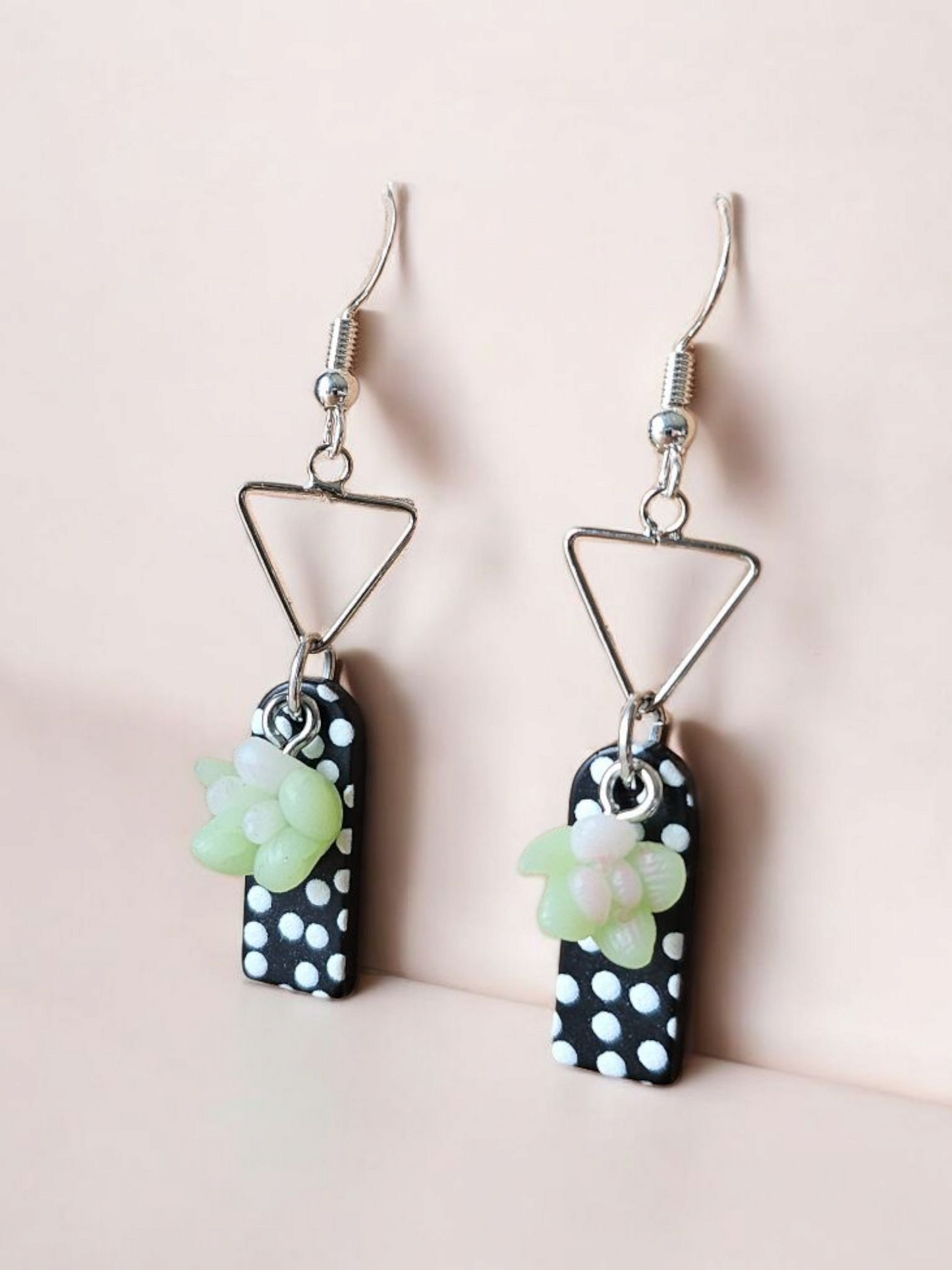 Navy Blue Polka Dots and Succulents Dangle Earrings