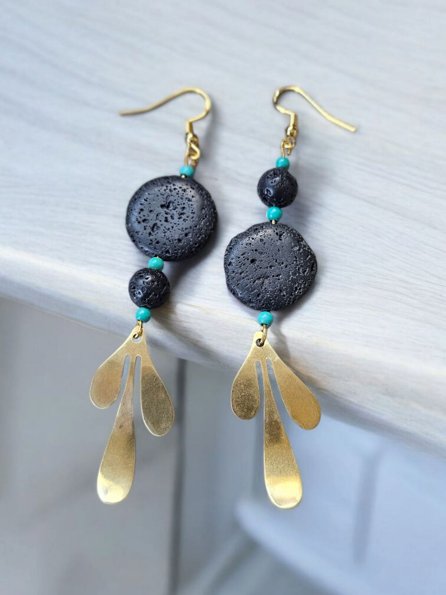 Upcycled Lava Stone and Brass Charm Dangle Earrings