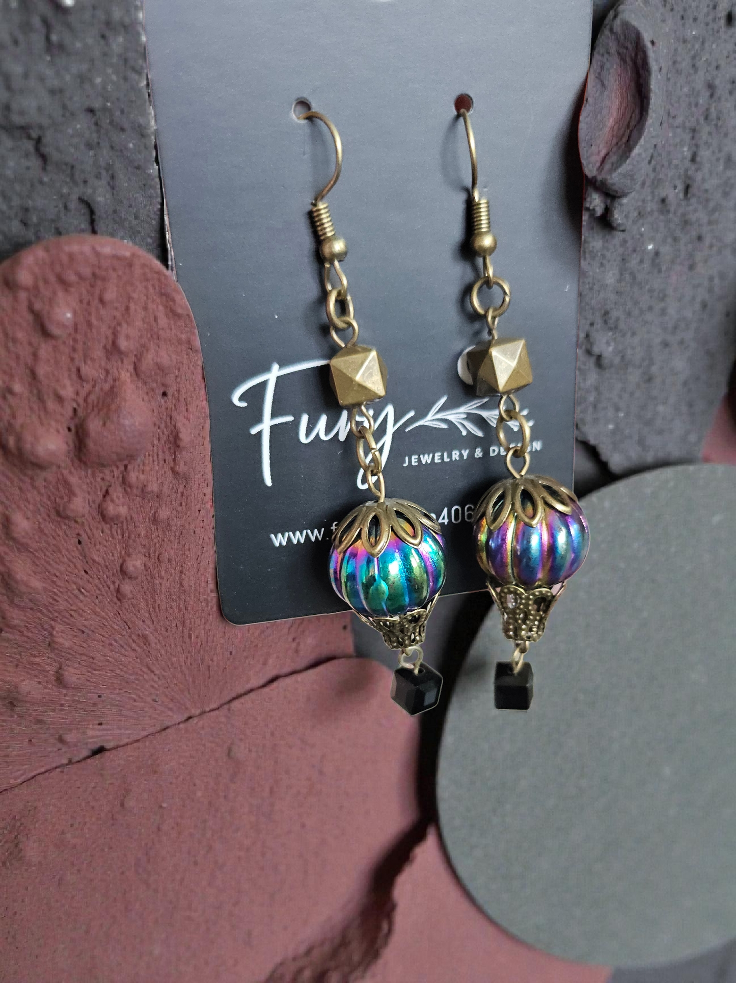 Upcycled Rainbow Sheen Hot Air Balloon Charms with Brass Accents Dangle Earrings