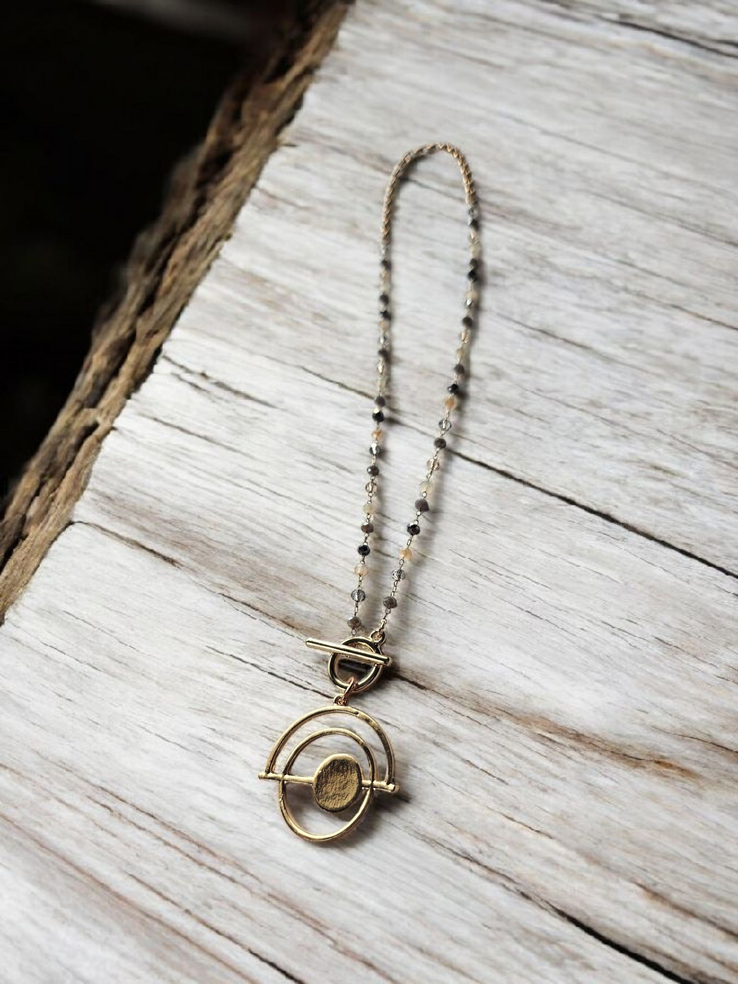 Gold Abstract Circles on Multicolor Shimmer Bead Necklace