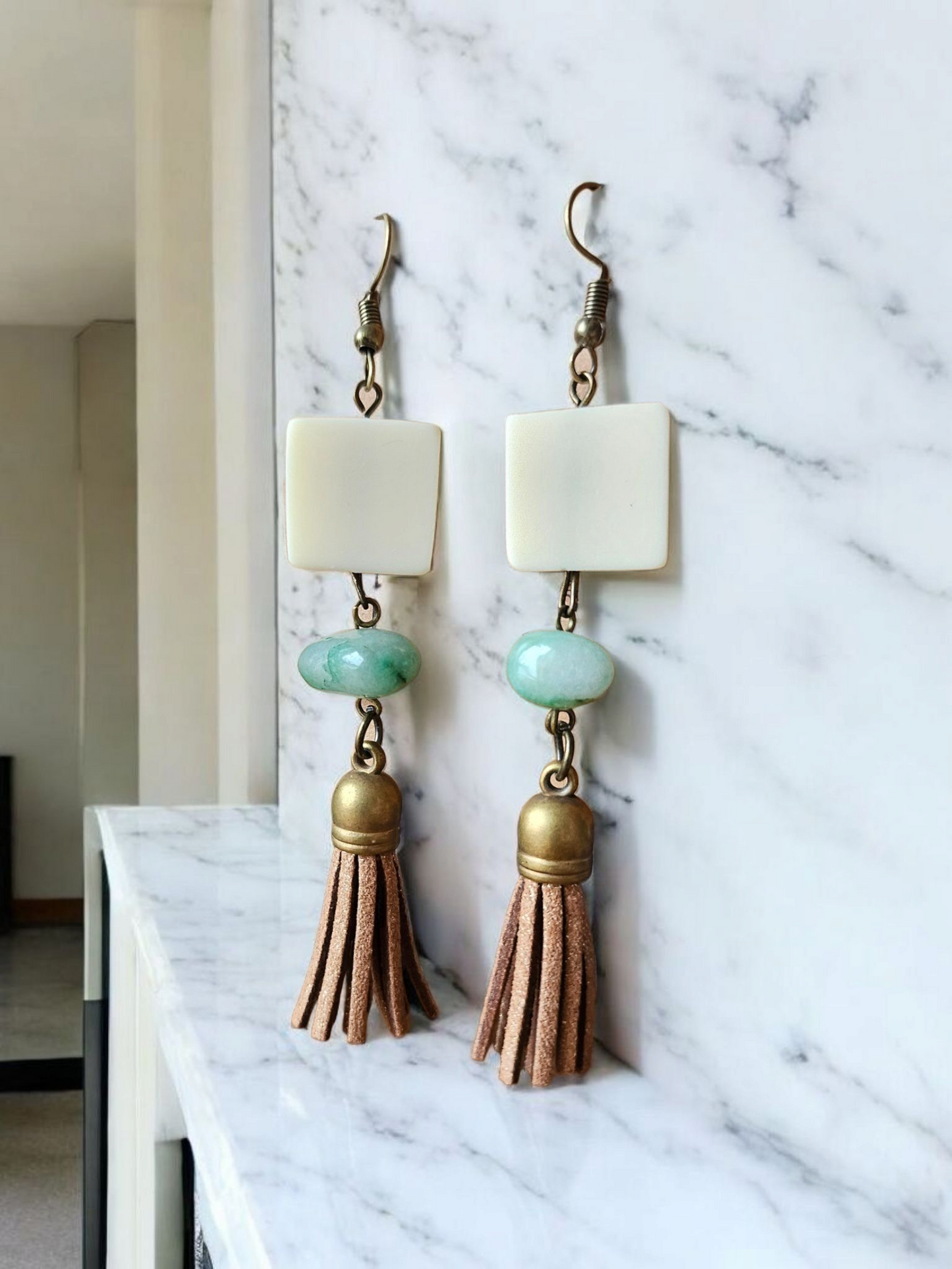 Upcycled White Wood and Brown Shimmer Tassles with Teal Accent Dangle Earrings