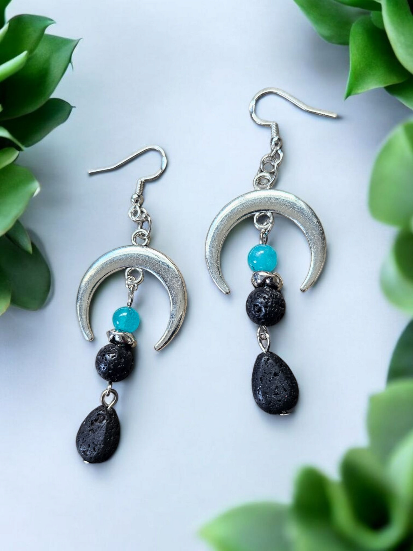 Lava Stone Dangle on Silver Crescent Moon Drop Earrings