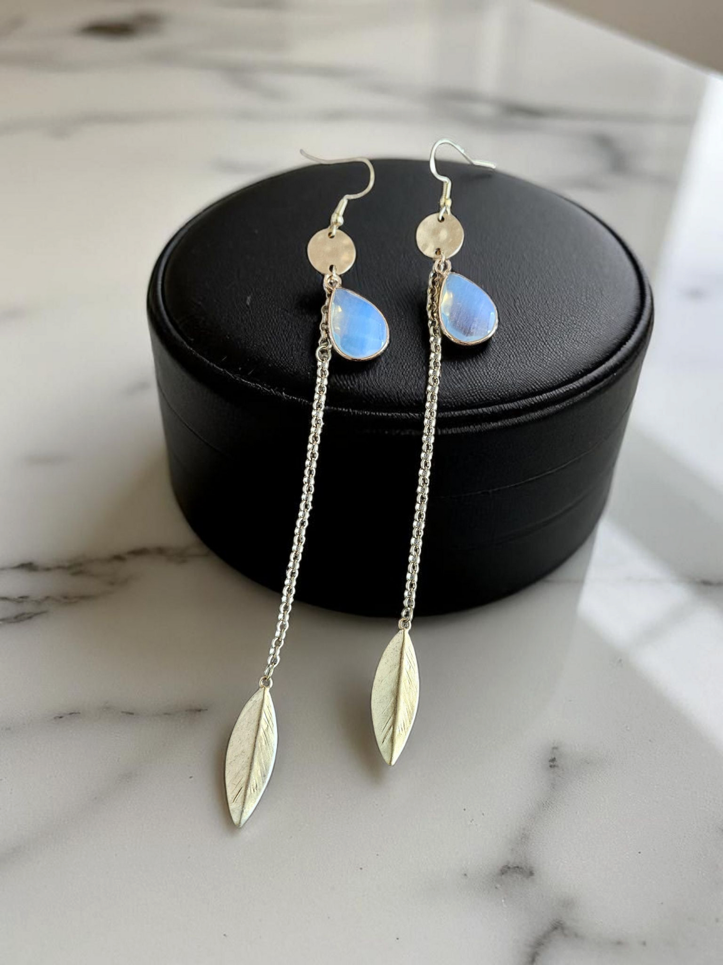 Upcycled Long Golden Leaf on Chain with Moonstone Teardrop Dangle Earrings