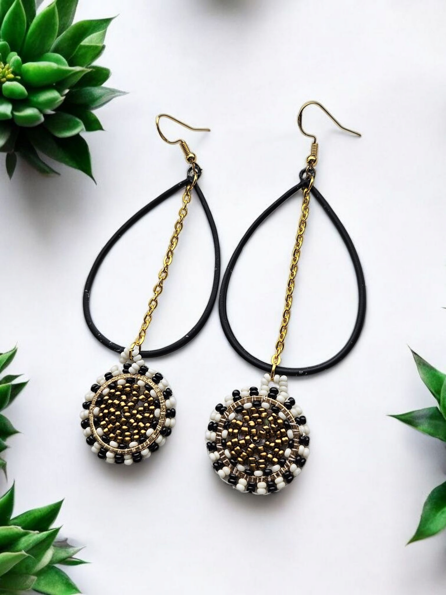 Black and Gold Upcycled Beaded Teardrop Earrings