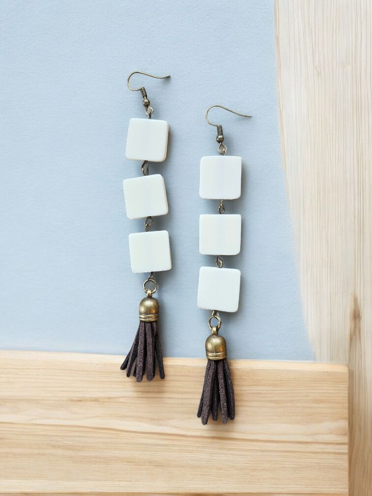 White Squares with Brown Tassles Long Dangle Earrings