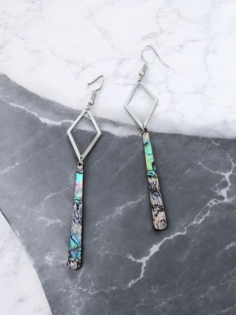 Diamond Geometric Dangle Earrings with Abalone drops