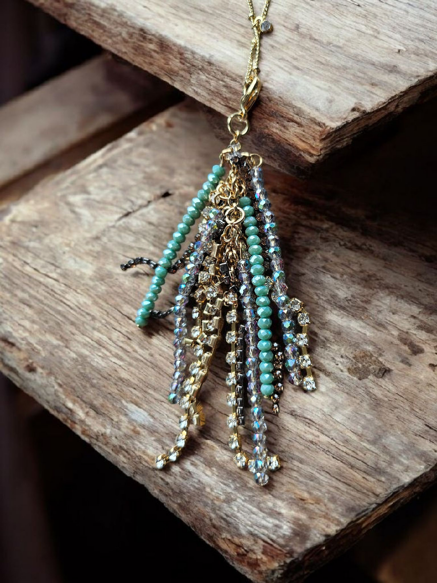Multicolor Teal Glimmer Tassles on Long Shimmer Studded Gold Necklace