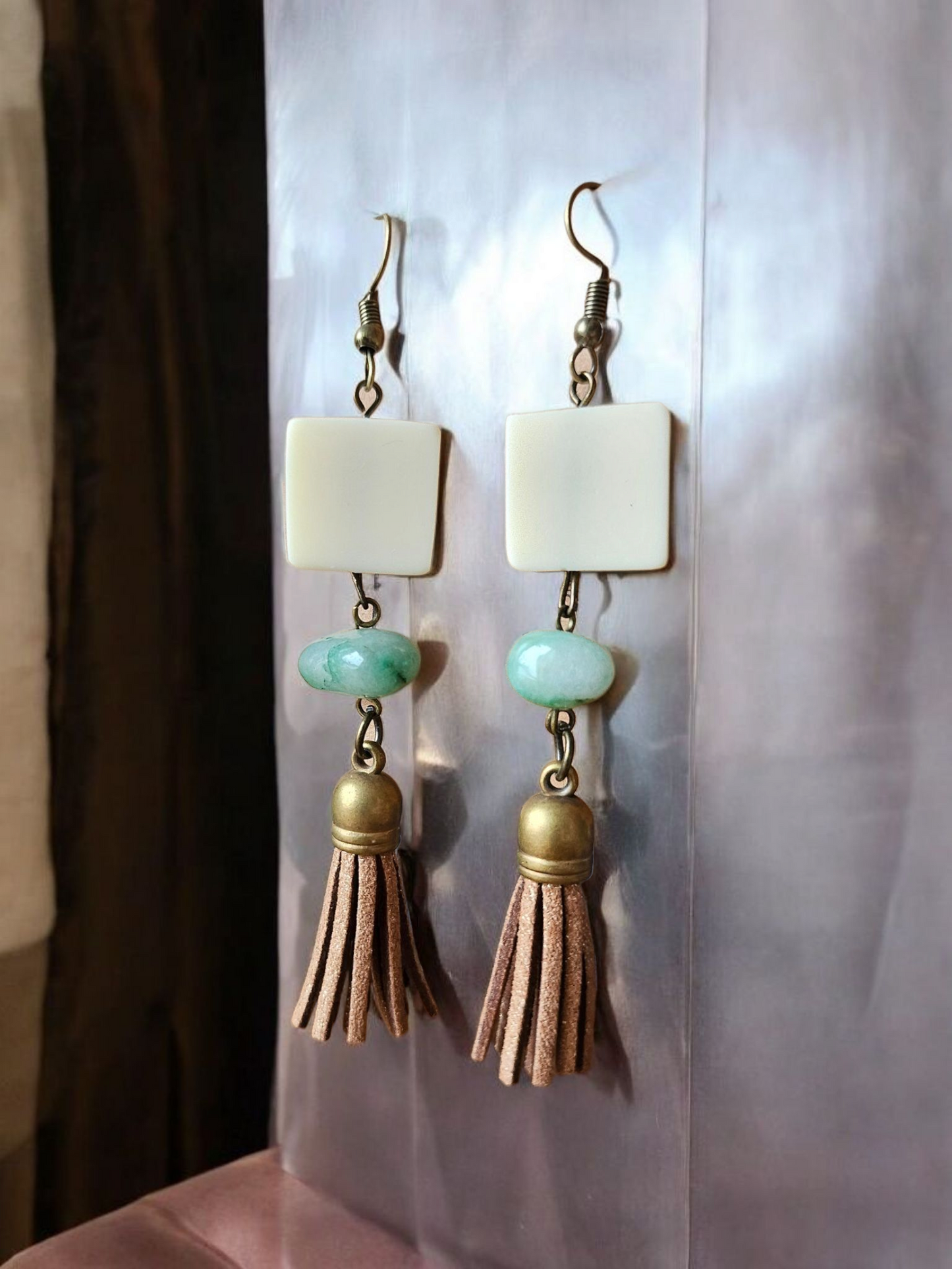 Upcycled White Wood and Brown Shimmer Tassles with Teal Accent Dangle Earrings