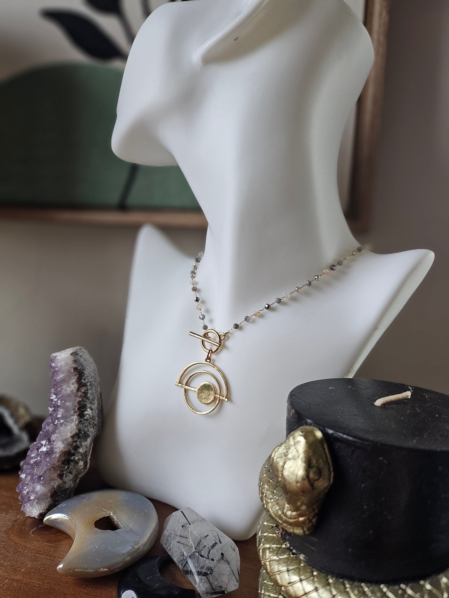 Gold Abstract Circles on Multicolor Shimmer Bead Necklace