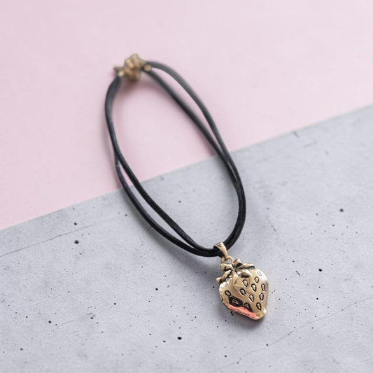 Golden Strawberry Locket on Black Double Choker Necklace
