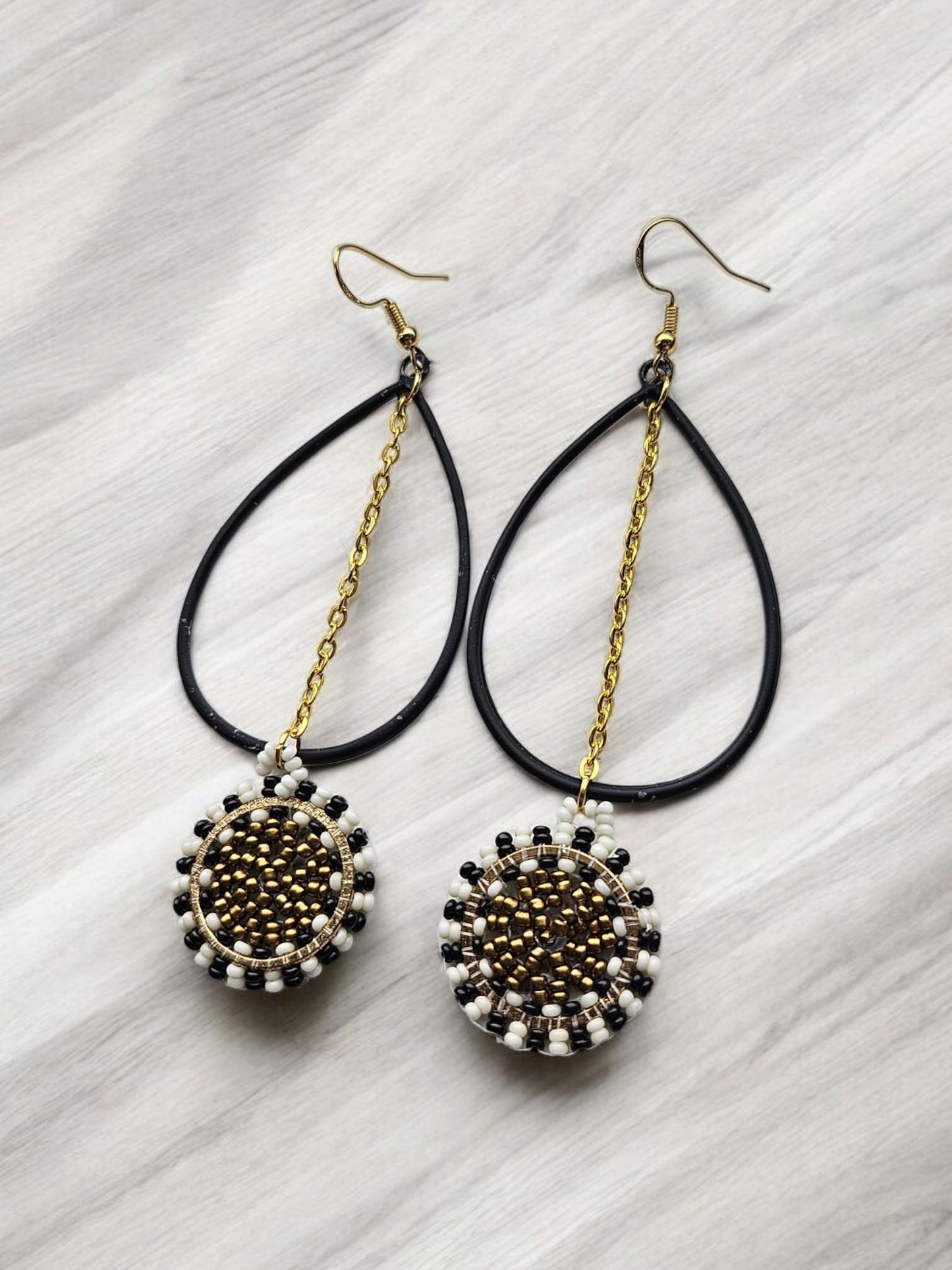 Black and Gold Upcycled Beaded Teardrop Earrings