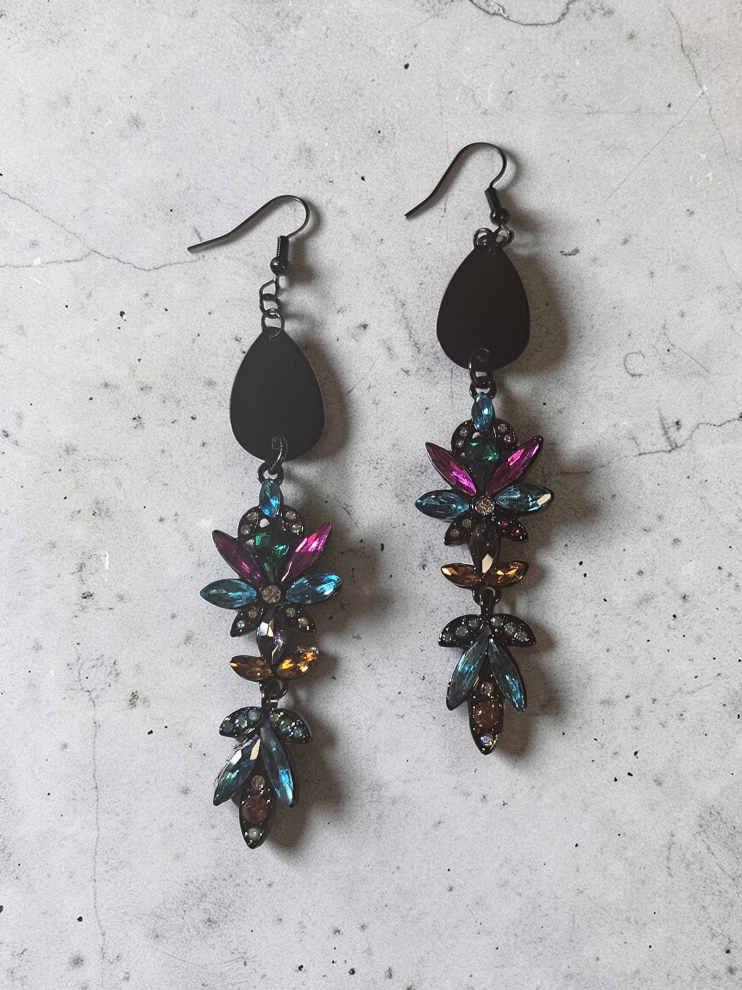 Upcycled Black Statement Dangle Earrings with Rainbow Gemstones