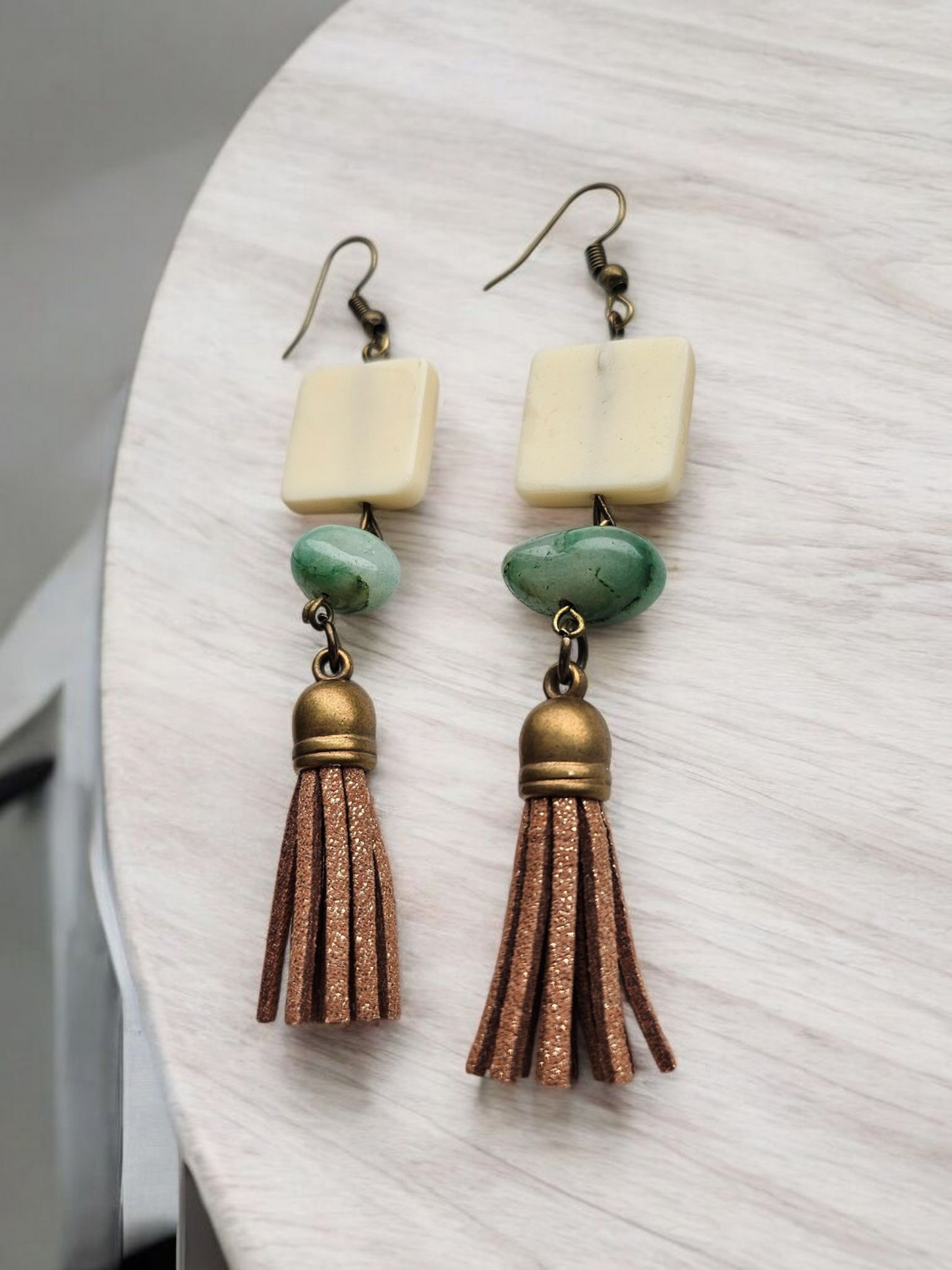 Upcycled White Wood and Brown Shimmer Tassles with Teal Accent Dangle Earrings