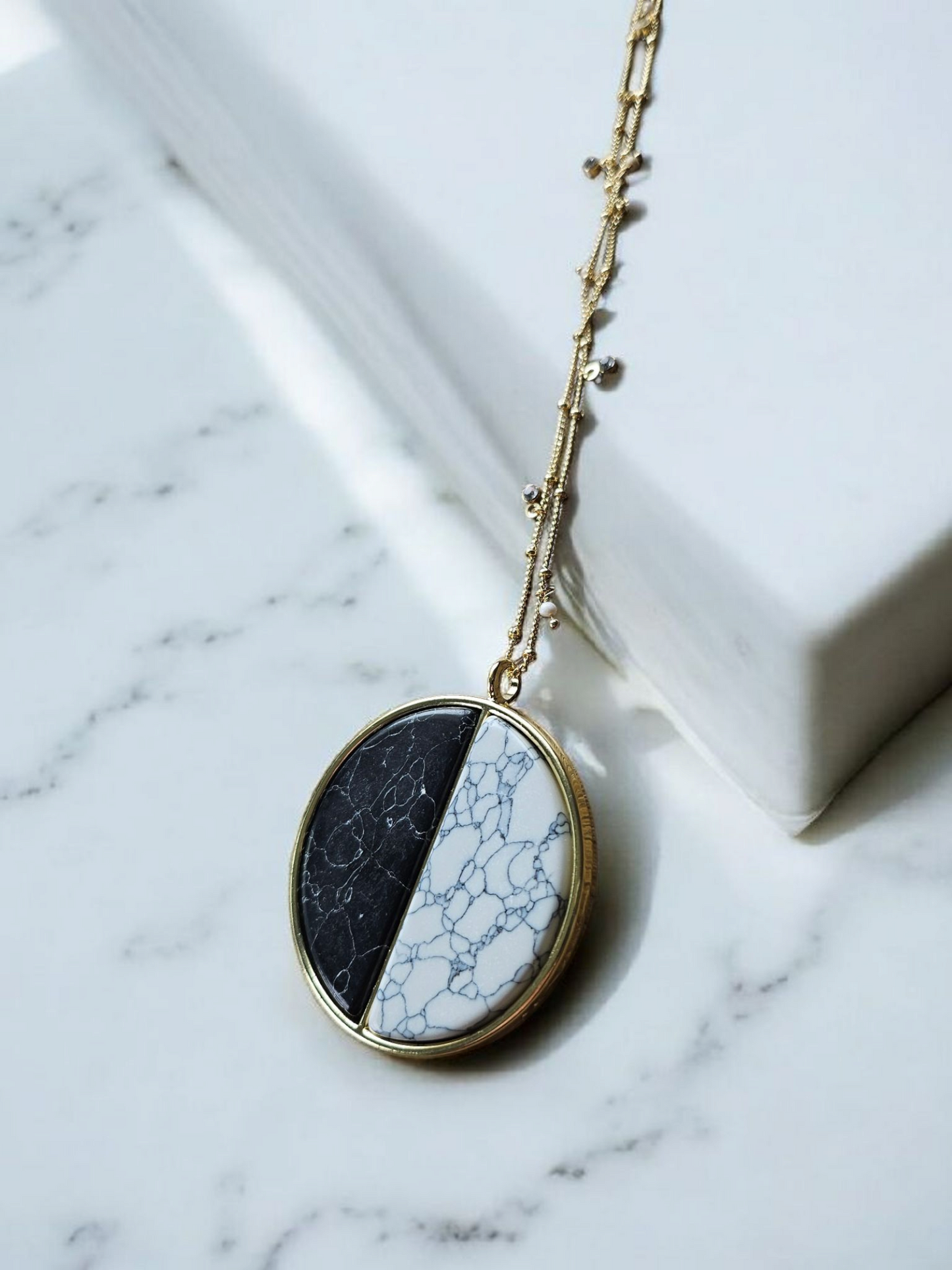 Black and White Marble Yin and Yang Long Shimmer Necklace