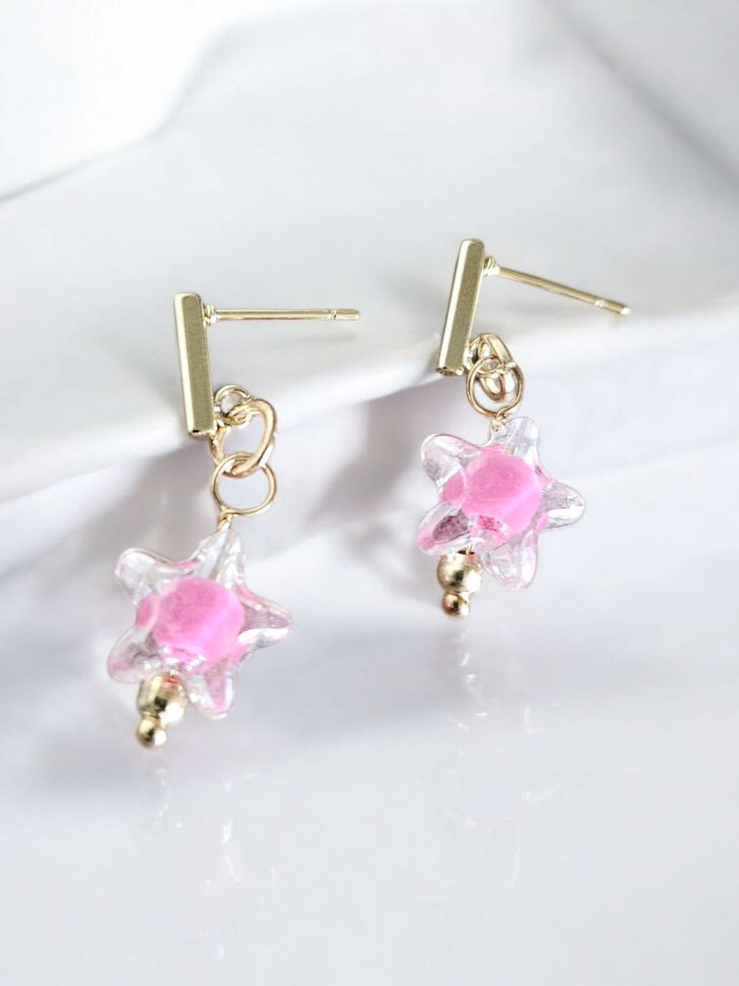 Hot Pink Iridescent Stars on Gold Bar Stud Earrings