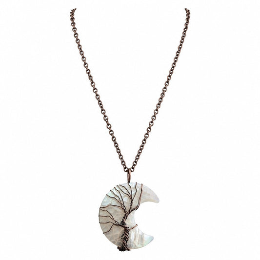 Copper Wrapped Mother of Pearl Crescent Moon Necklace