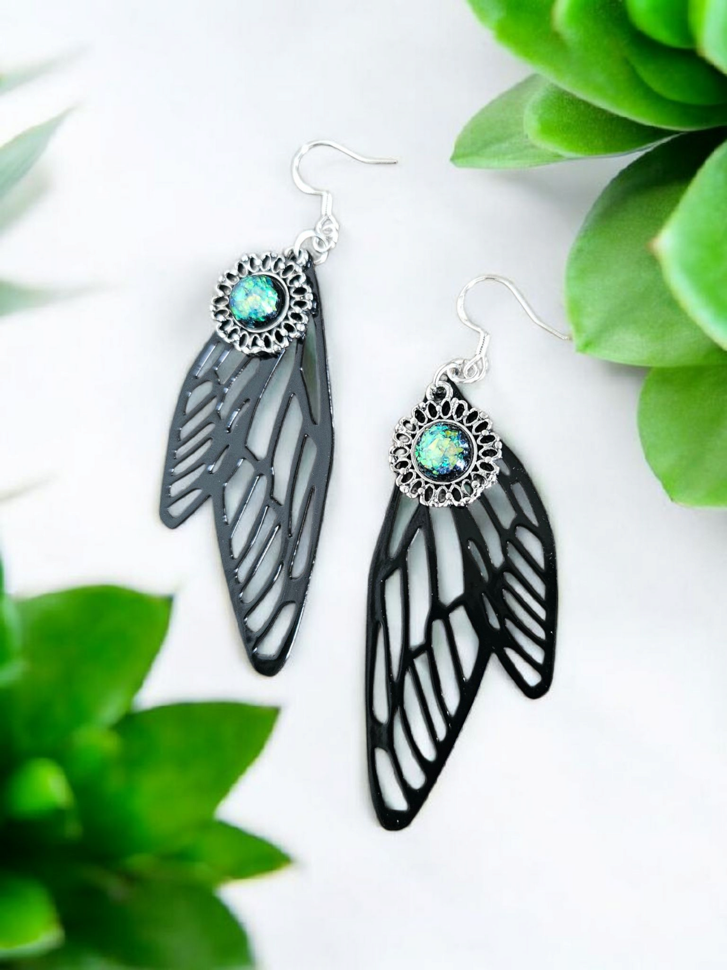Black Moth Wings with Iridescent Circle Charms Dangle Earrings