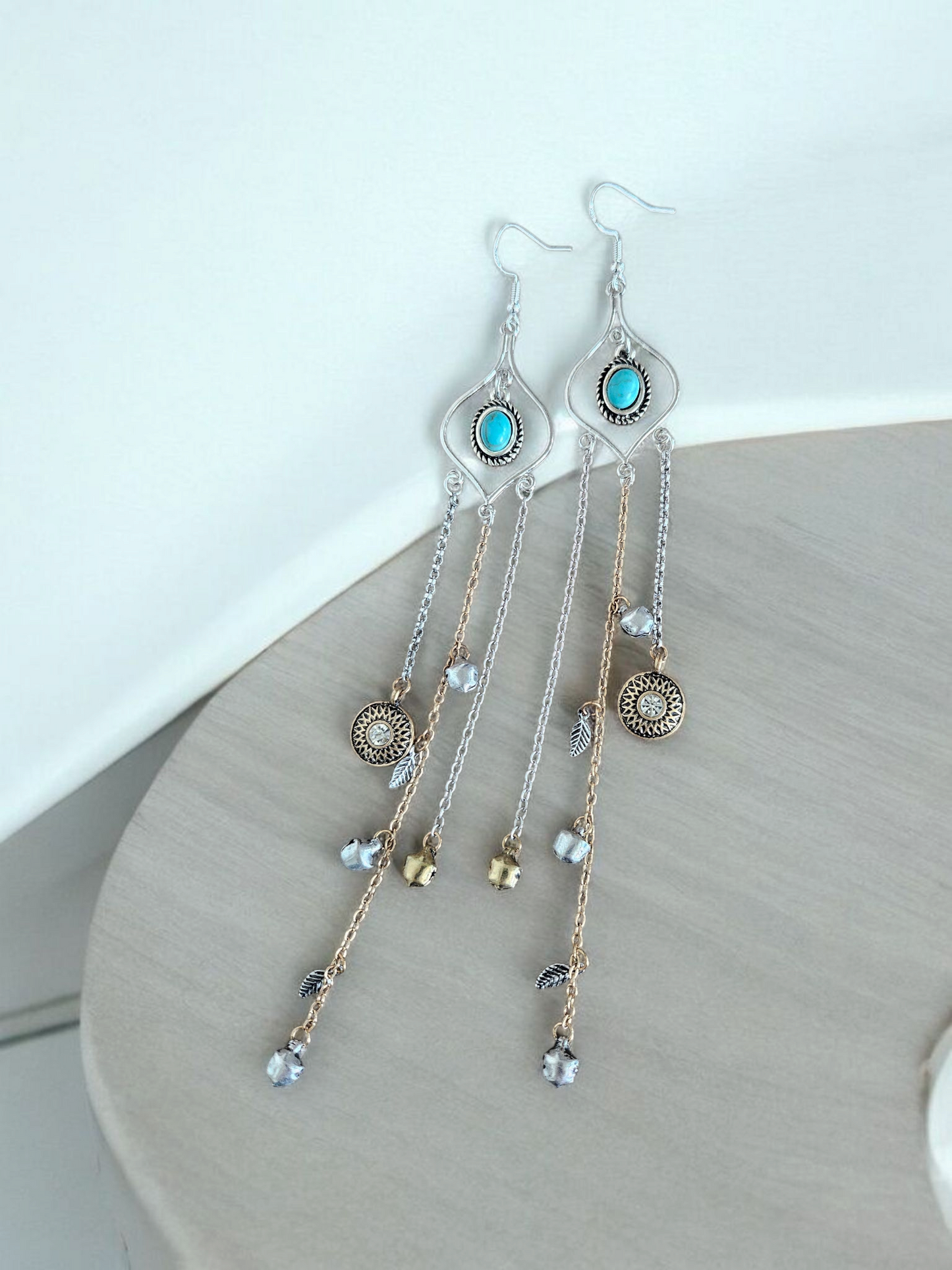Upcycled Silver, Gold, and Teal Bell Tassles Long Dangle Earrings