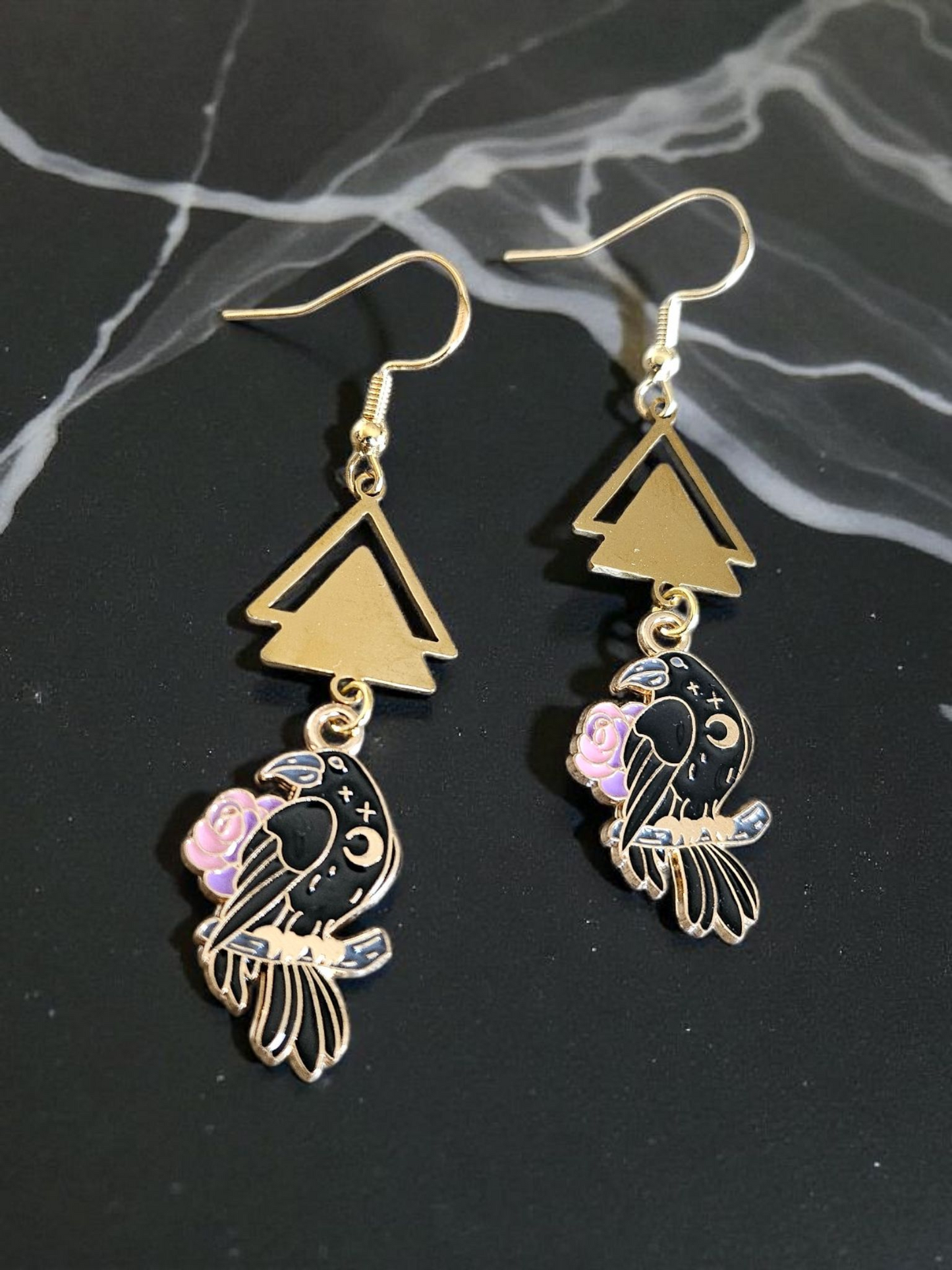 Black Pink Gold Geometric Crow Dangle Earrings For Women Statement Fashion Jewelry