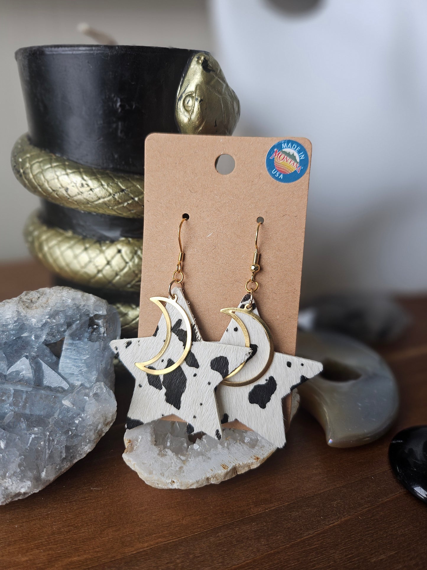Cow Hide Stars & Moons Dangle Earrings