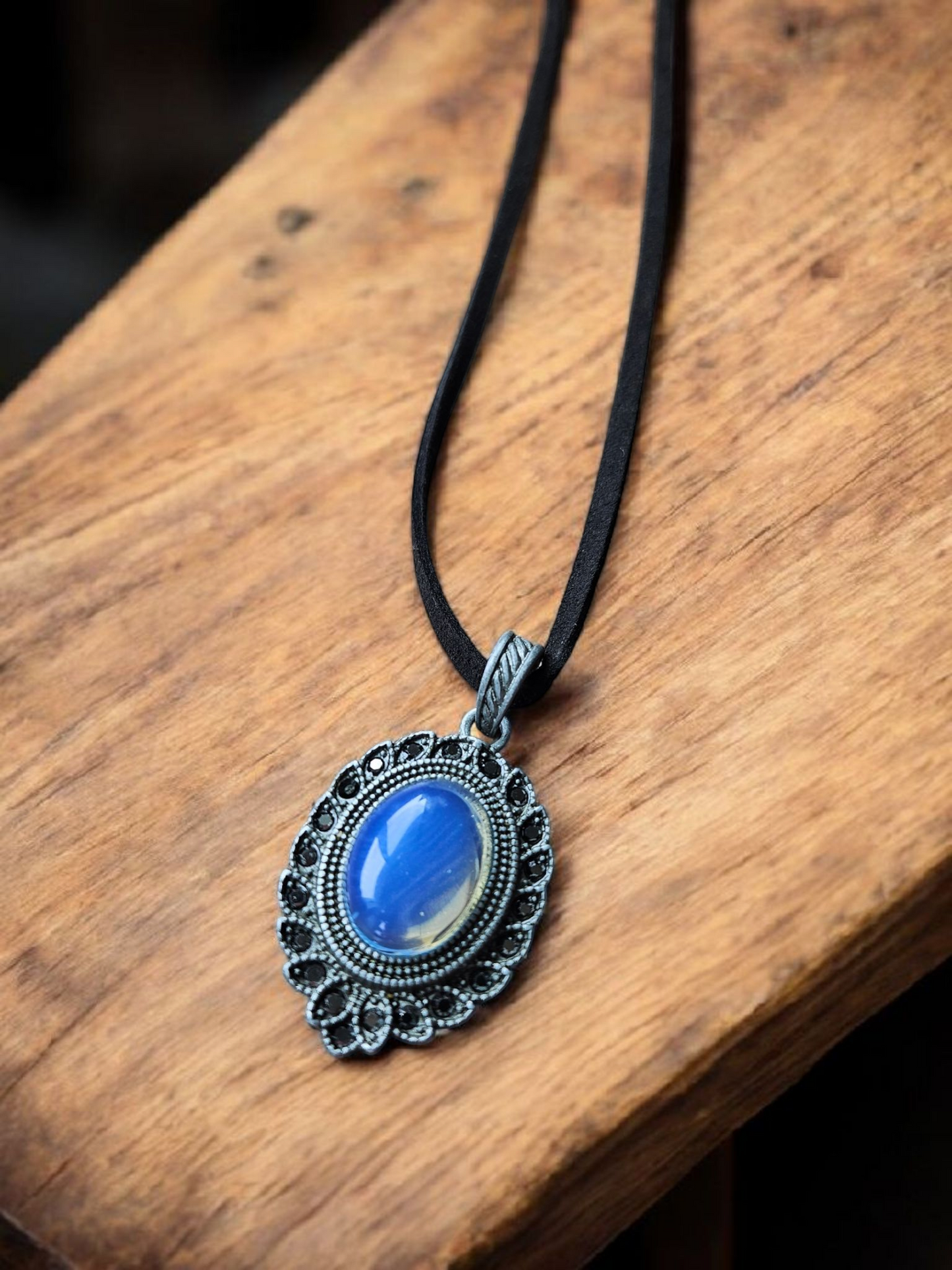 Moonstone Shimmer Pendant on Black Leather Necklace