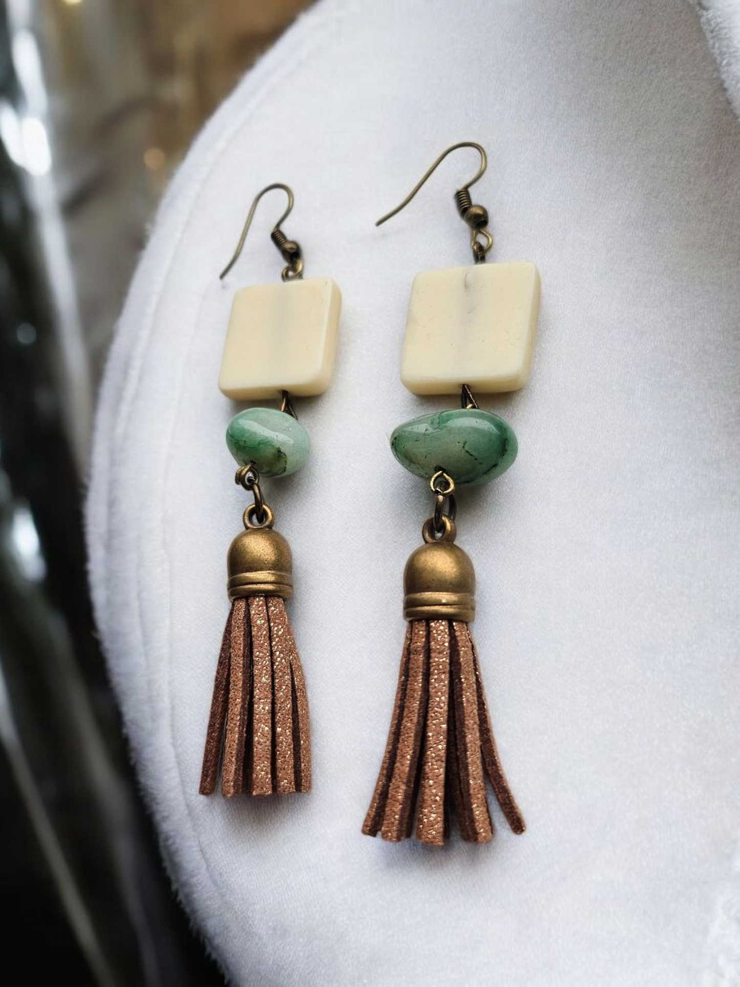 Upcycled White Wood and Brown Shimmer Tassles with Teal Accent Dangle Earrings