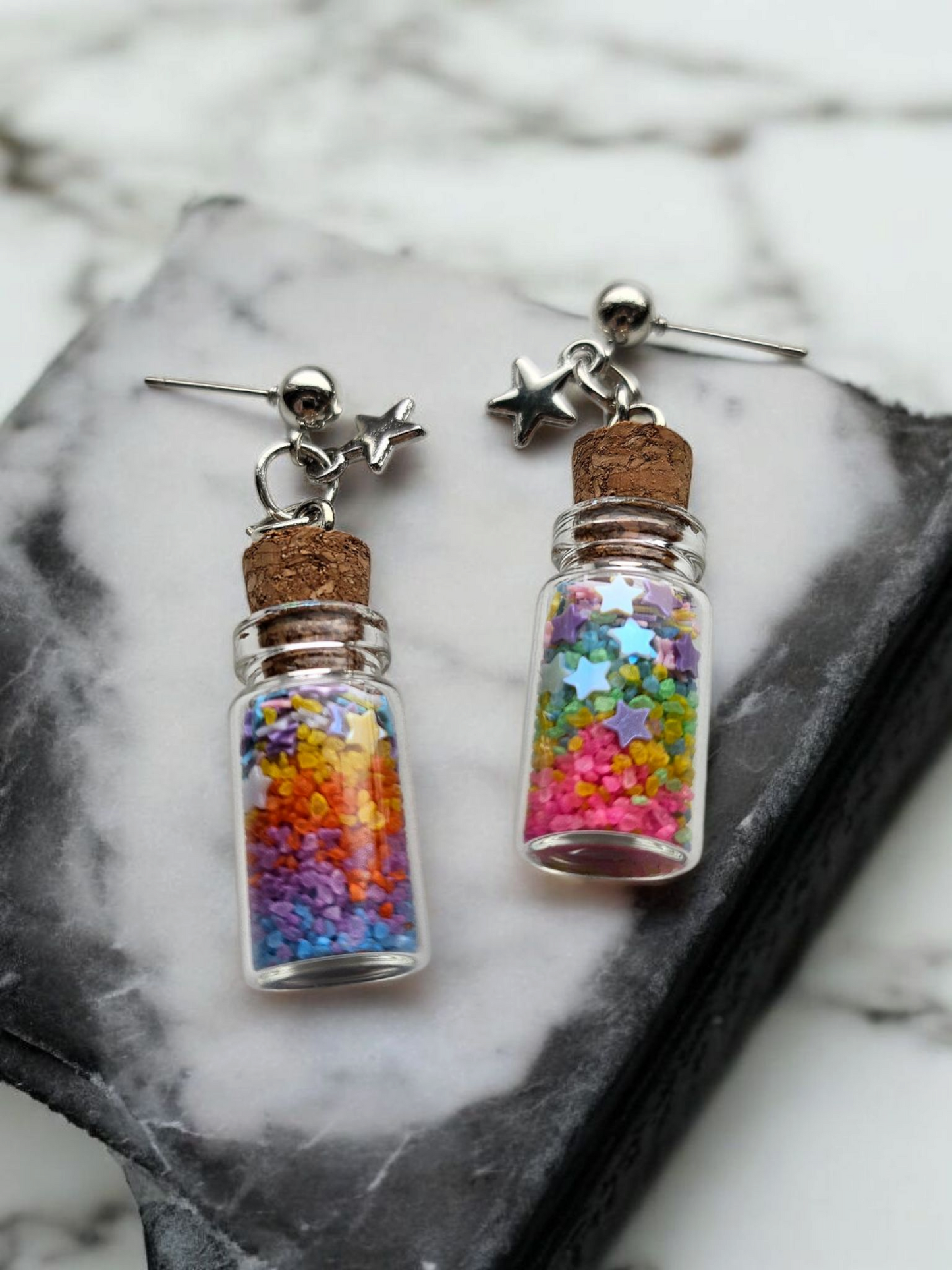 Rainbow Star Confetti Jar Dangle Post Earrings