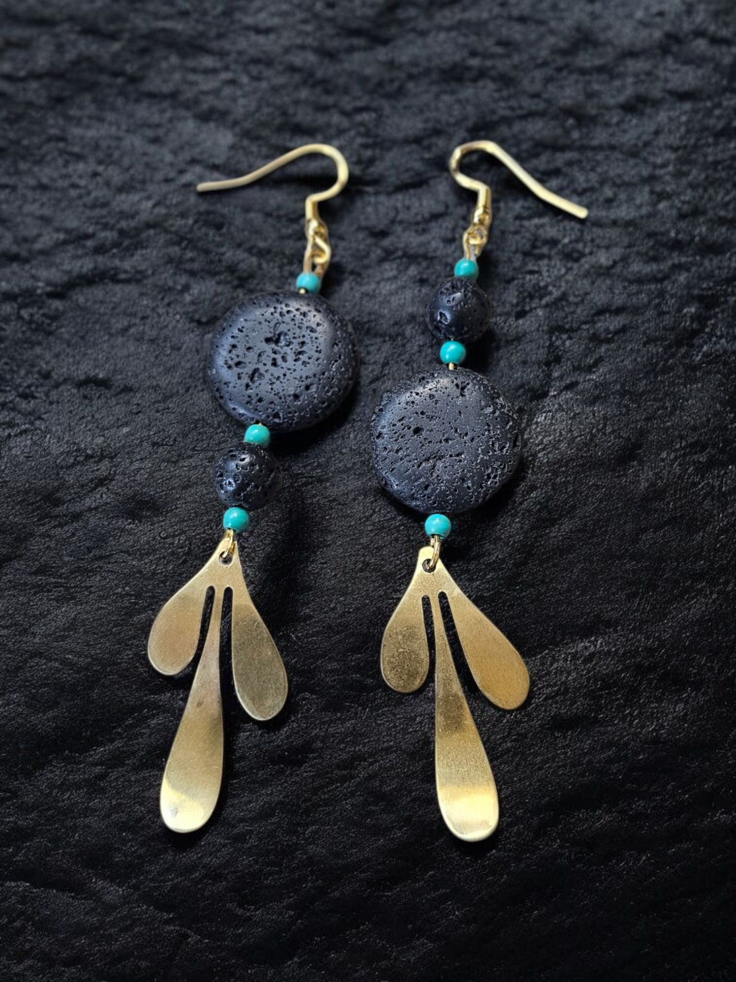 Upcycled Lava Stone and Brass Charm Dangle Earrings