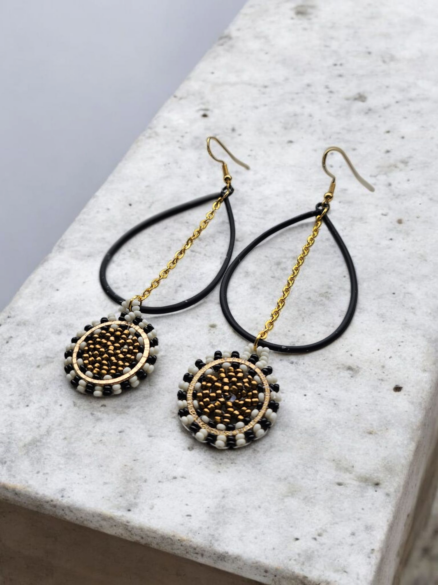 Black and Gold Upcycled Beaded Teardrop Earrings