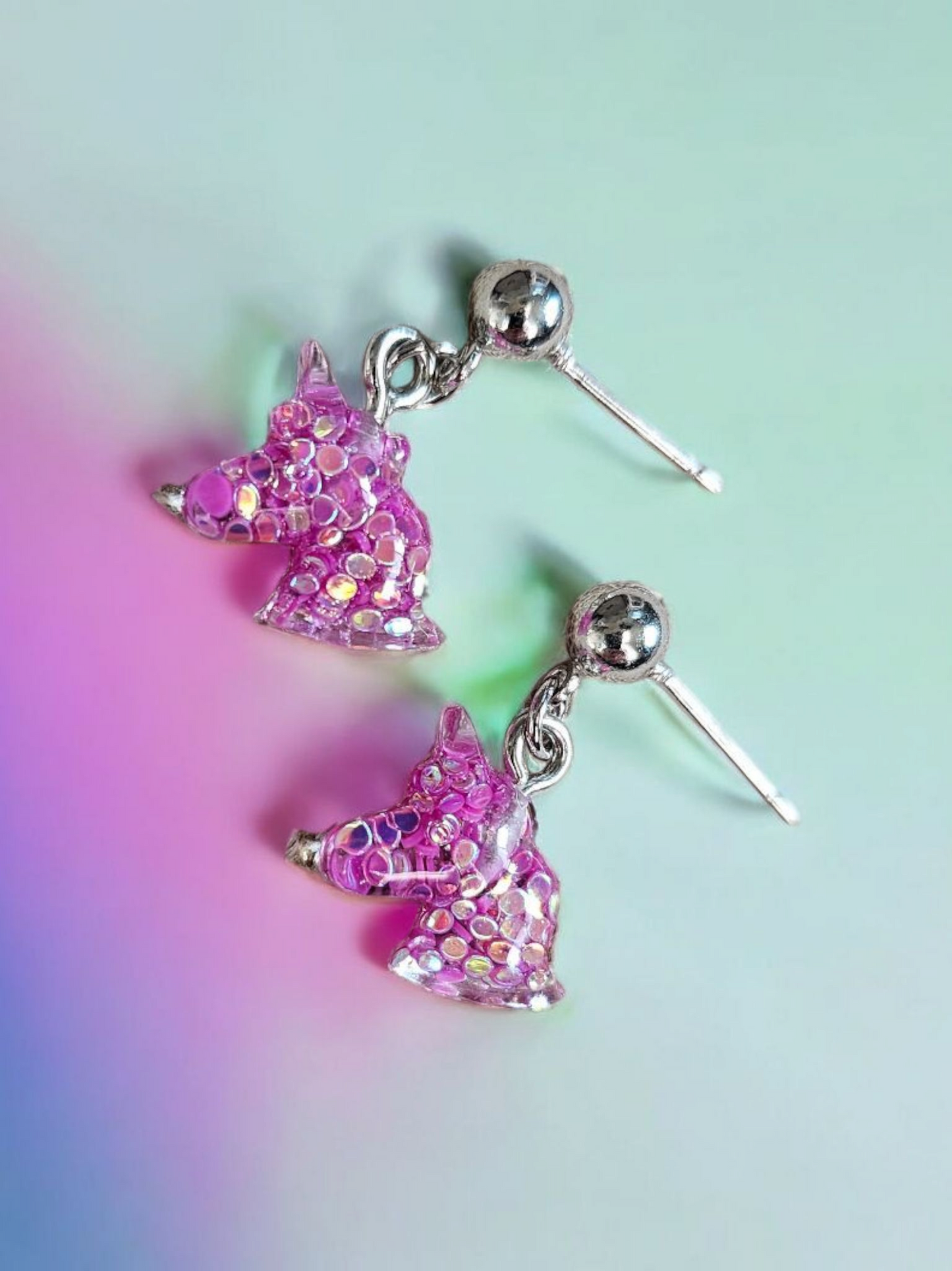 Fuchsia Glitter Unicorn Stud Dangle Earrings