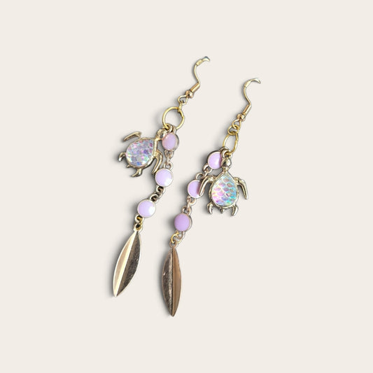 Iridescent Turtles on Purple and Golden Dangle Earrings