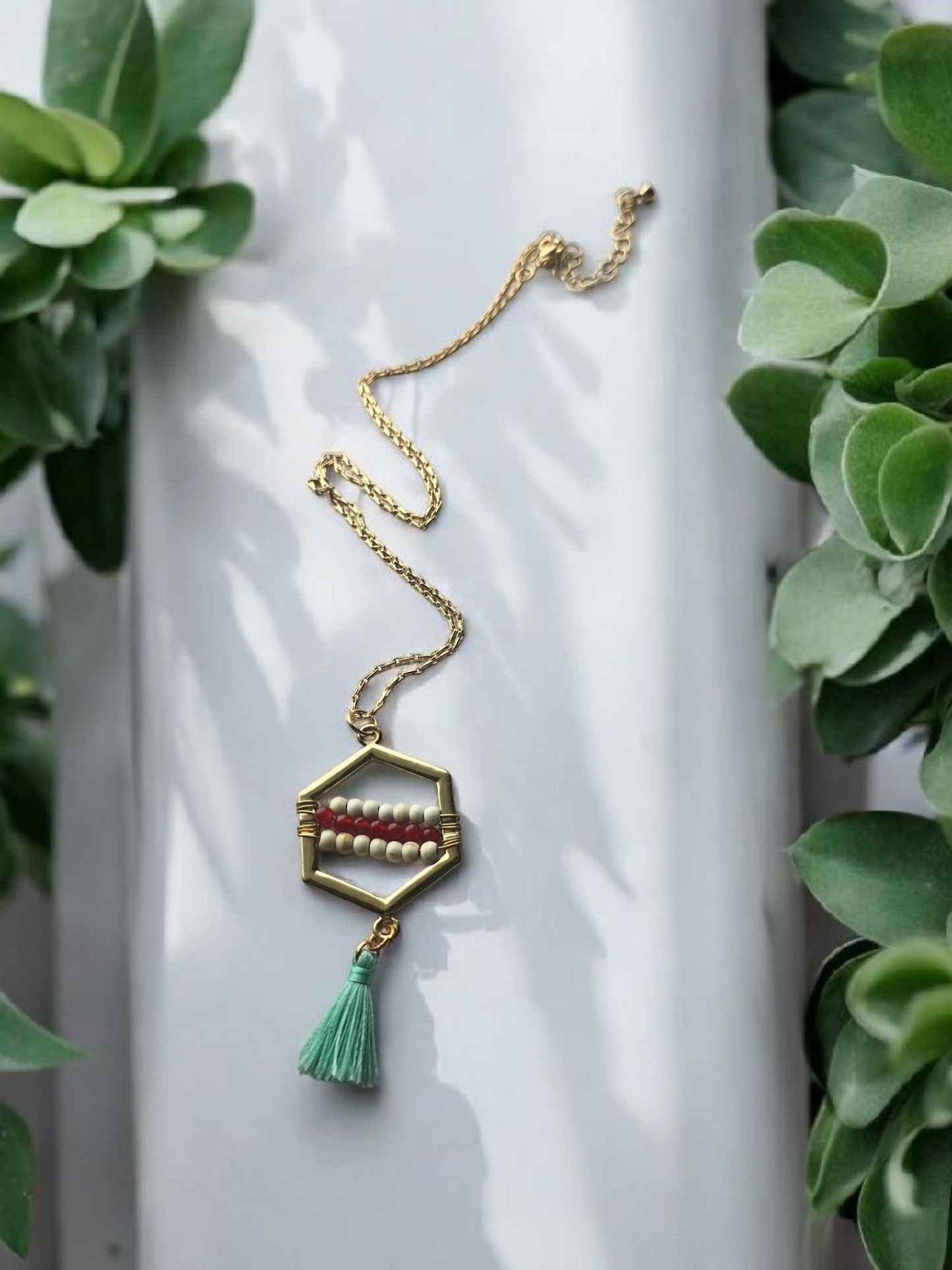 Red White and Teal Beads and Tassles Gold Necklace