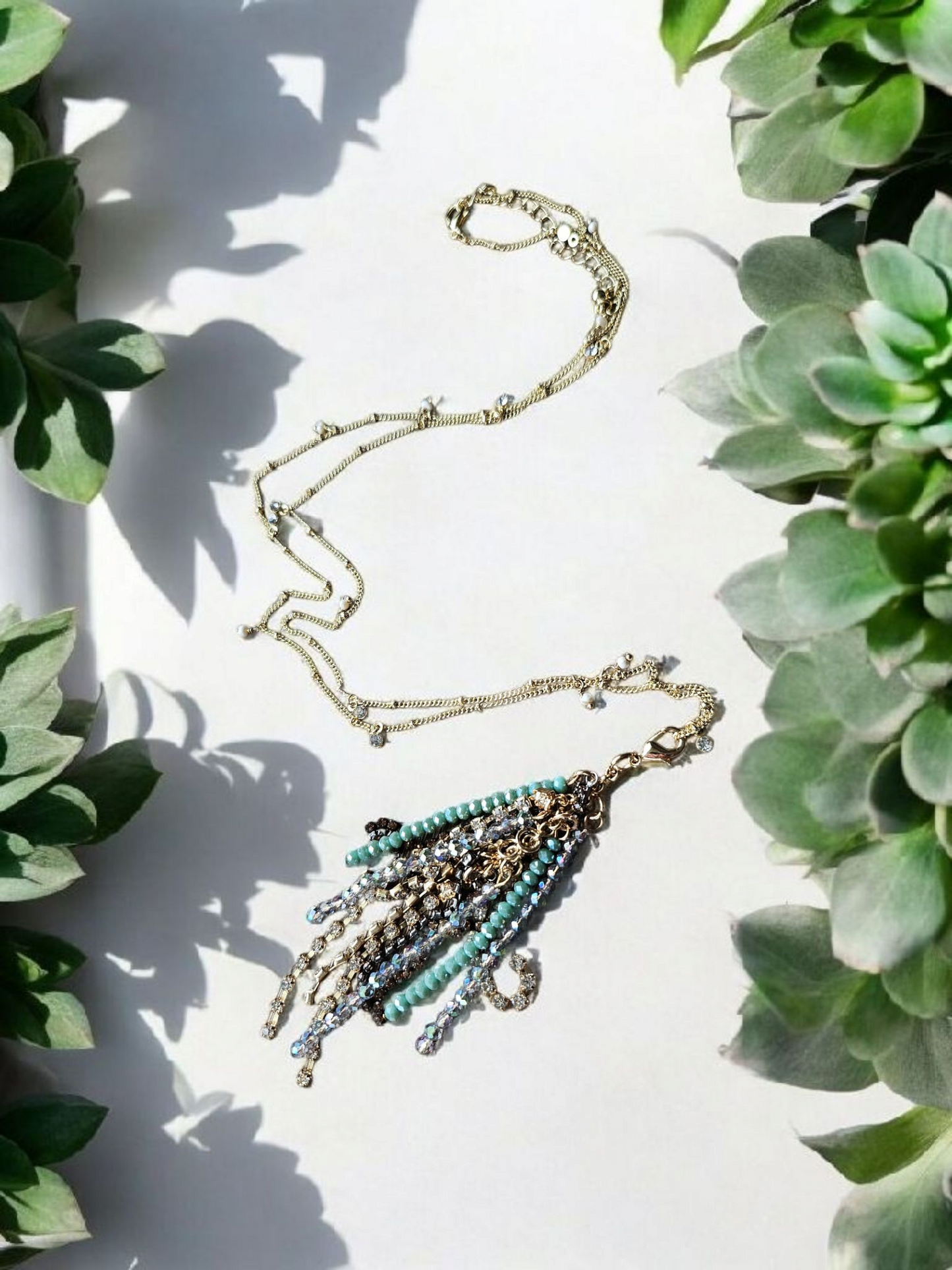 Multicolor Teal Glimmer Tassles on Long Shimmer Studded Gold Necklace