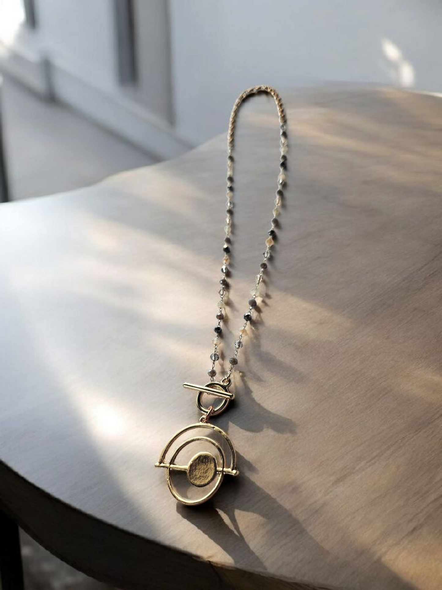 Gold Abstract Circles on Multicolor Shimmer Bead Necklace