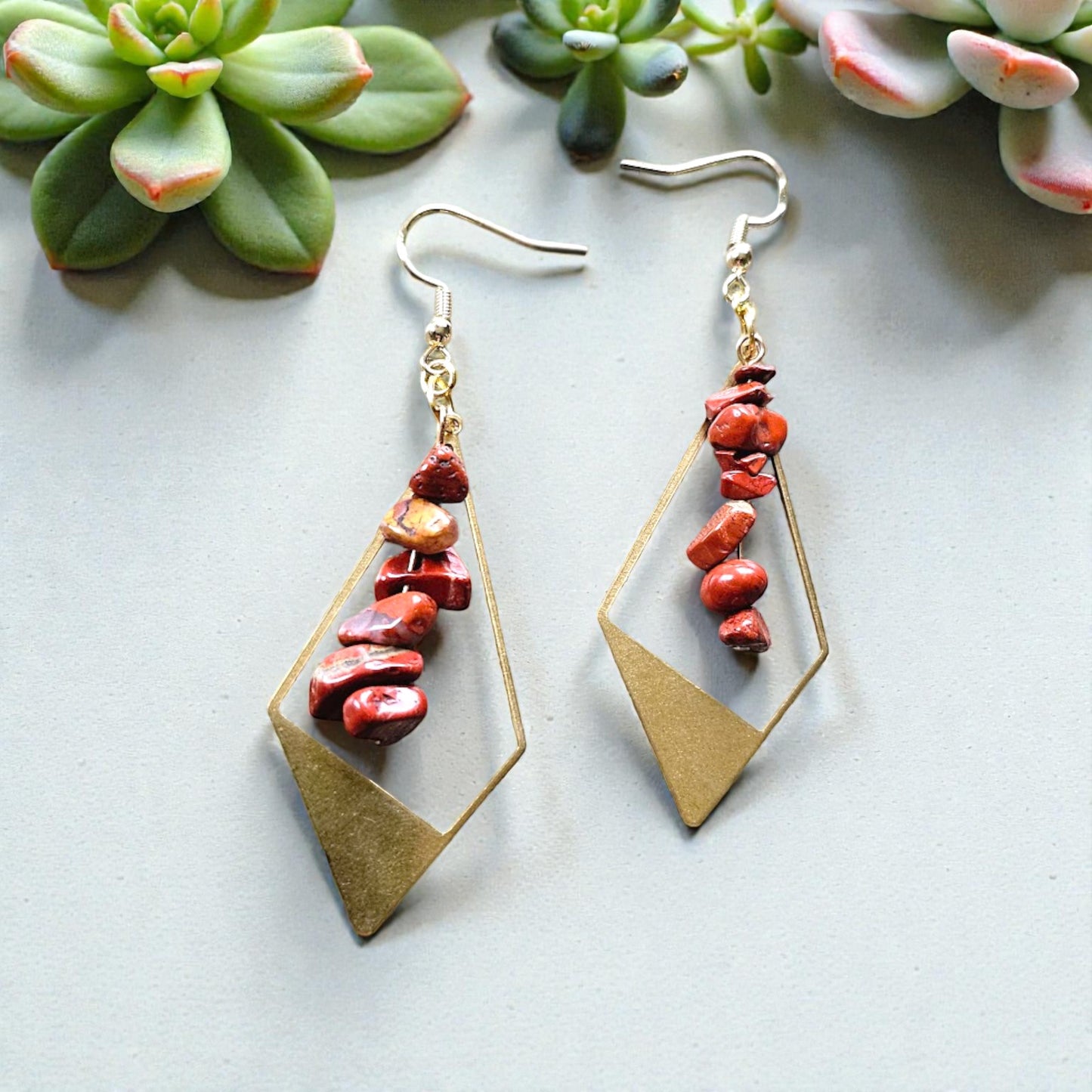 Red Jasper Dangle on Geometric Brass Diamond Dangle Earrings