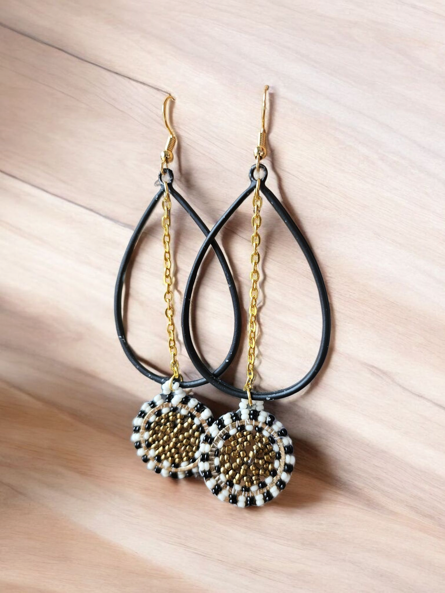 Black and Gold Upcycled Beaded Teardrop Earrings