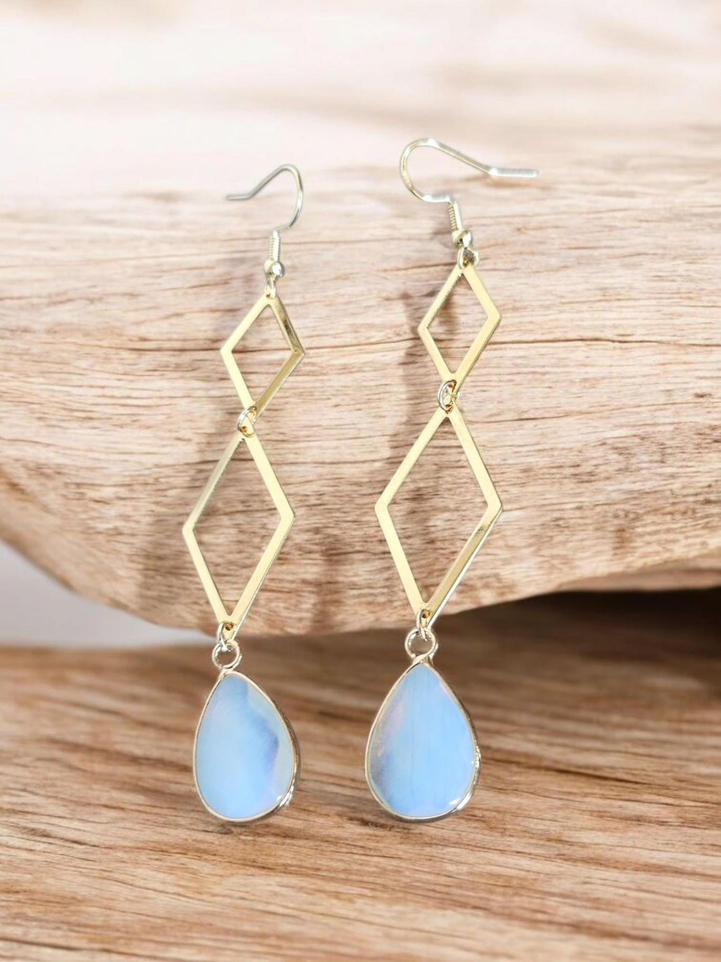 Cascading Geometric Diamonds with Moonstone Dangle Earrings
