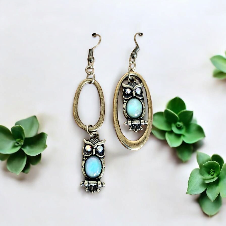 Upcycled Asymmetrical Brass Owl Dangle Earrings