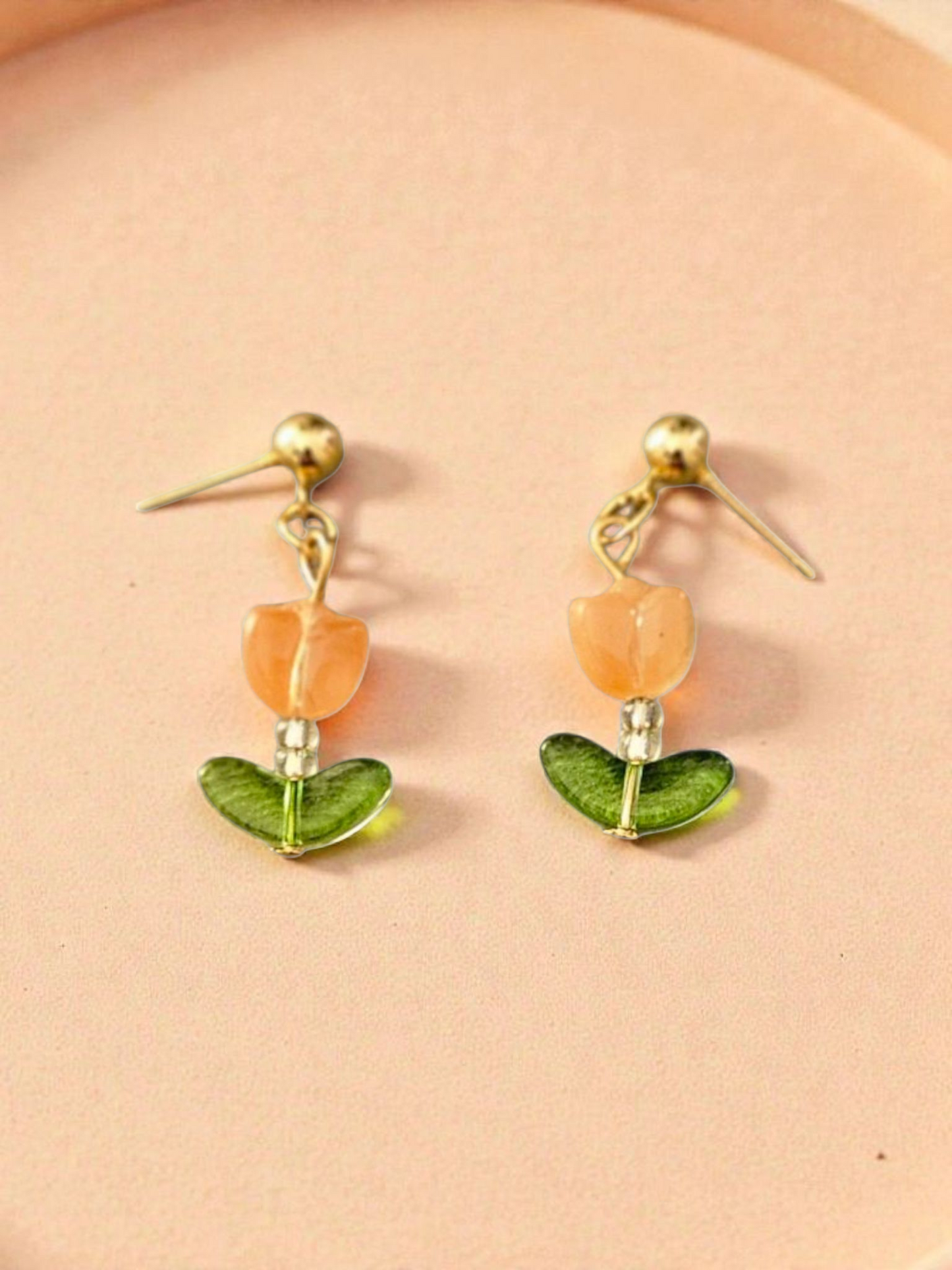 Peach Tulip on Gold Dangle Stud Earrings