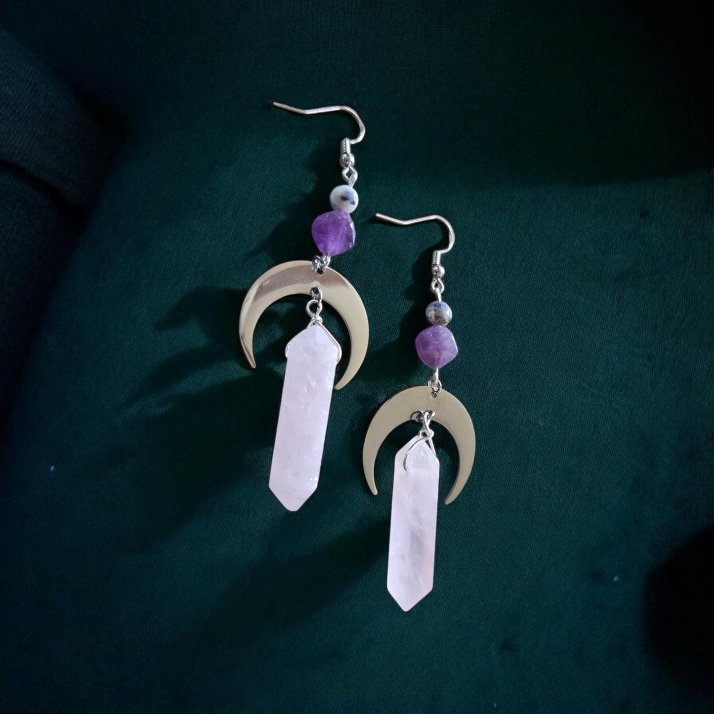 Rose Quartz, Amethyst, and Lapis Lazuli Crescent Moon Dangle Earrings
