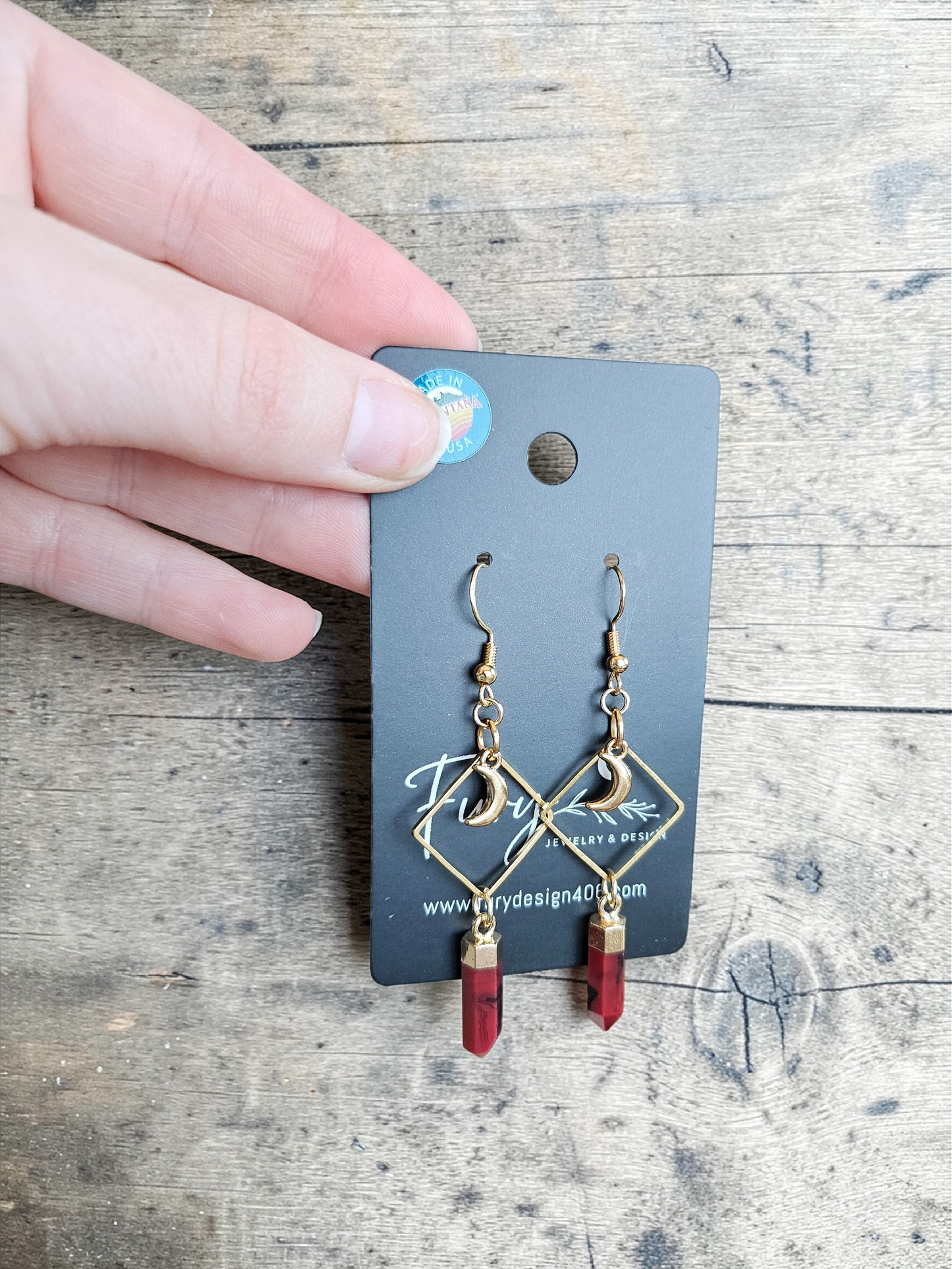 Red Jasper Points on Geometric Gold Dangle Earrings with Moons