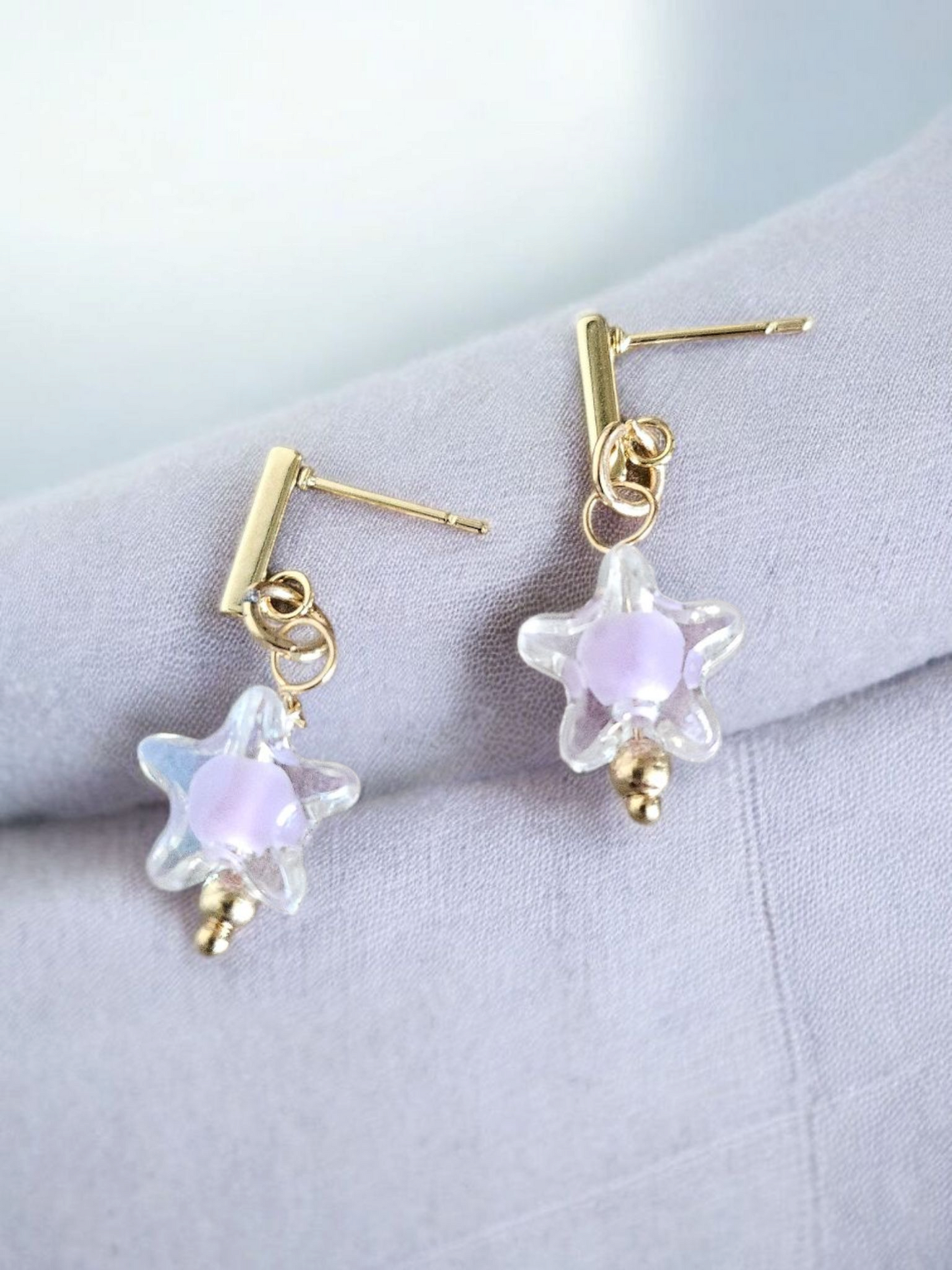 Lilac Stars on Gold Bar Stud Earrings