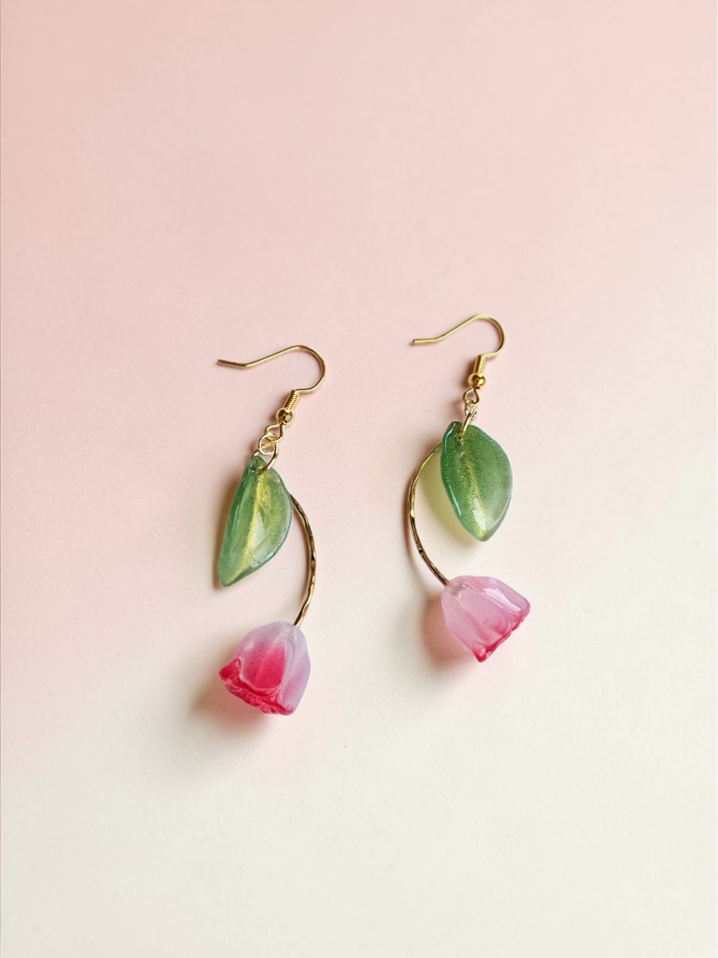 Glass Pink Tulips on Gold Dangle Earrings